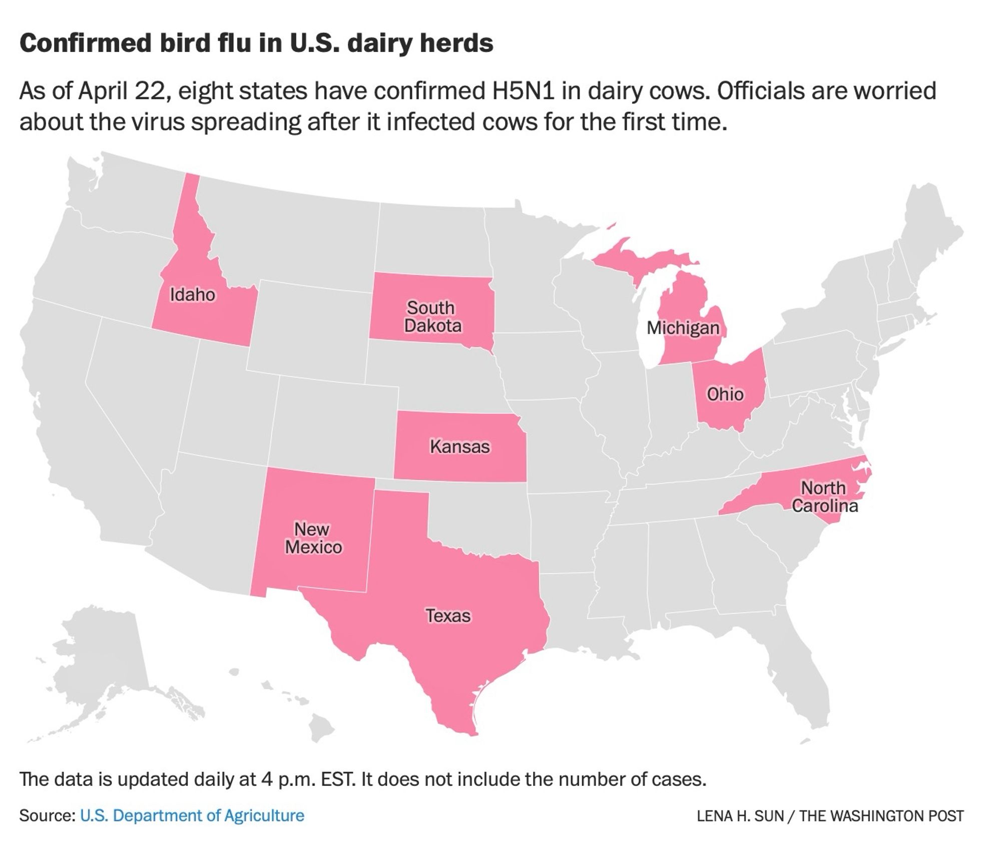 Confirmed bird flu in U.S. dairy herds
As of April 22, eight states have confirmed H5N1 in dairy cows. Officials are worried about the virus spreading after it infected cows for the first time.