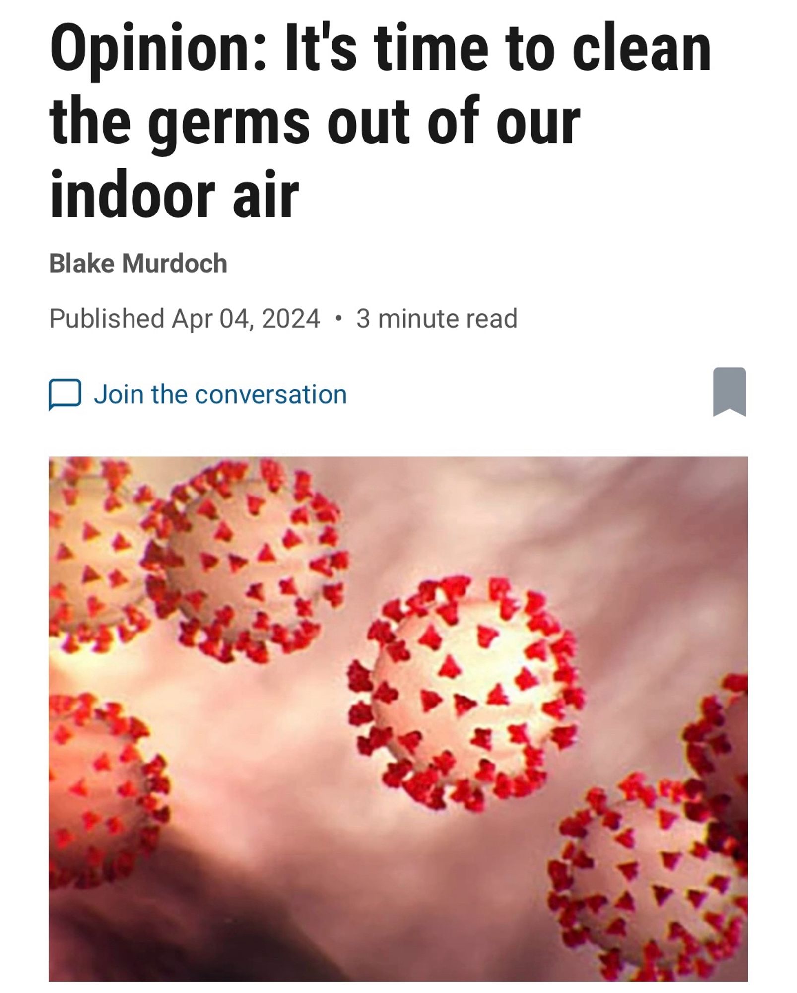 Titel:
Opinion: It's time to clean the germs out of our indoor air
Blake Murdoch
Published Apr 04, 2024 • 3 minute read