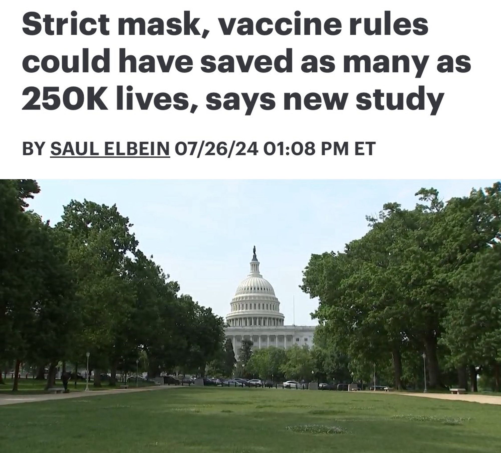 Strict mask, vaccine rules could have saved as many as 250K lives, says new study
BY SAUL ELBEIN 07/26/24 01:08 PM ET