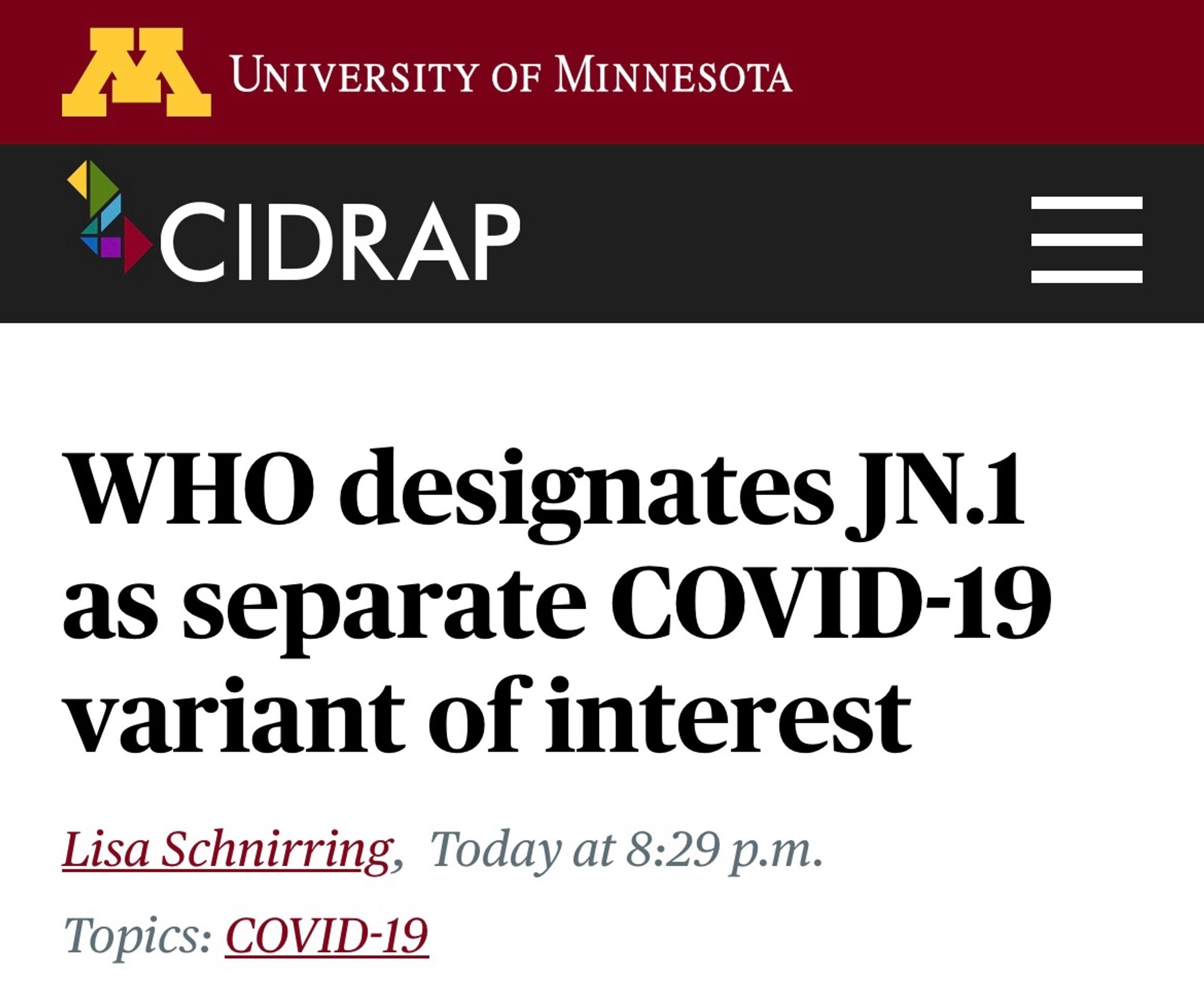 UNIVERSITY OF MINNESOTA CIDRAP
WHO designates JN.1
as separate COVID-19 variant of interest