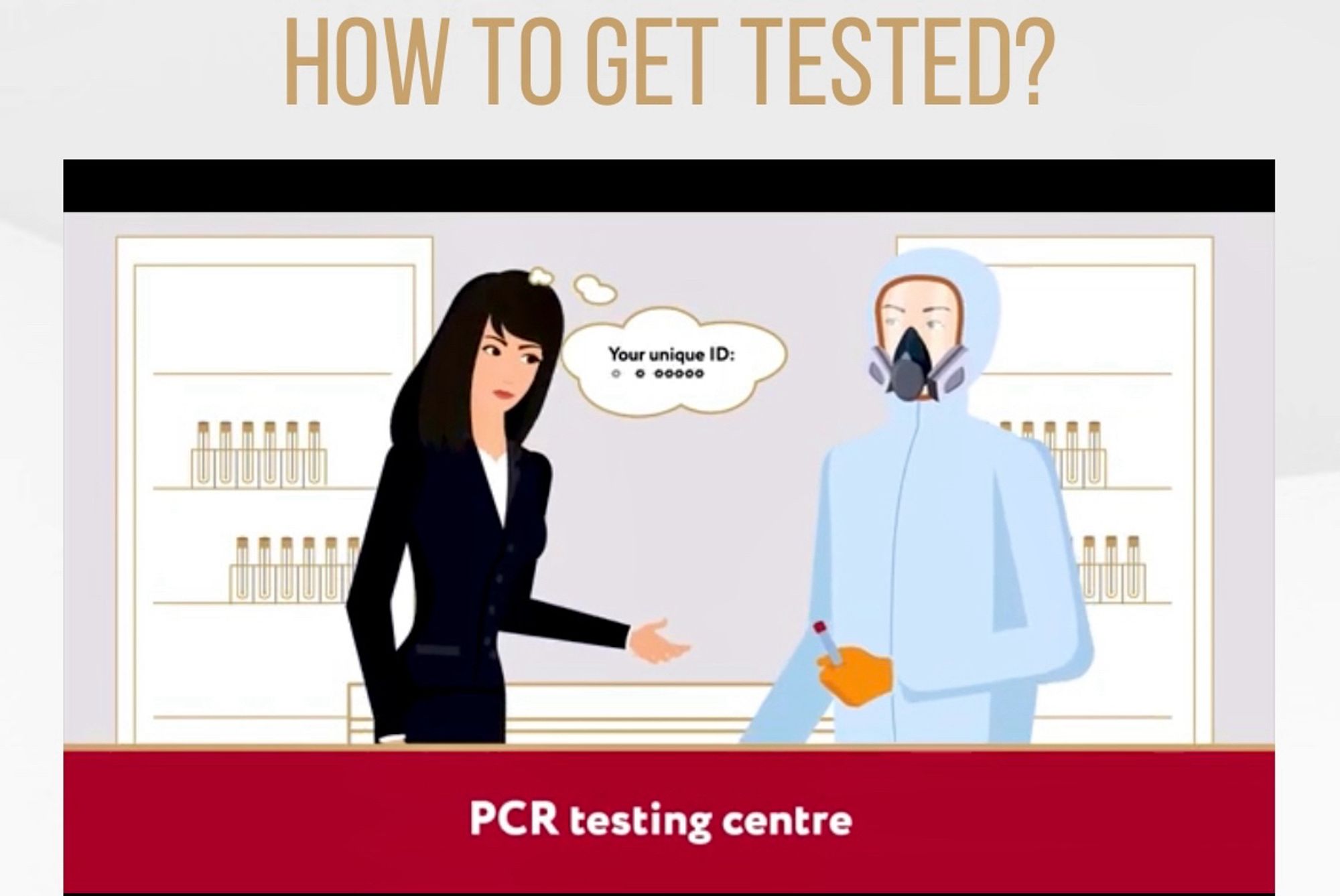 HOW TO GET TESTED?
Your unique ID:
• • 00000
PCR testing centre