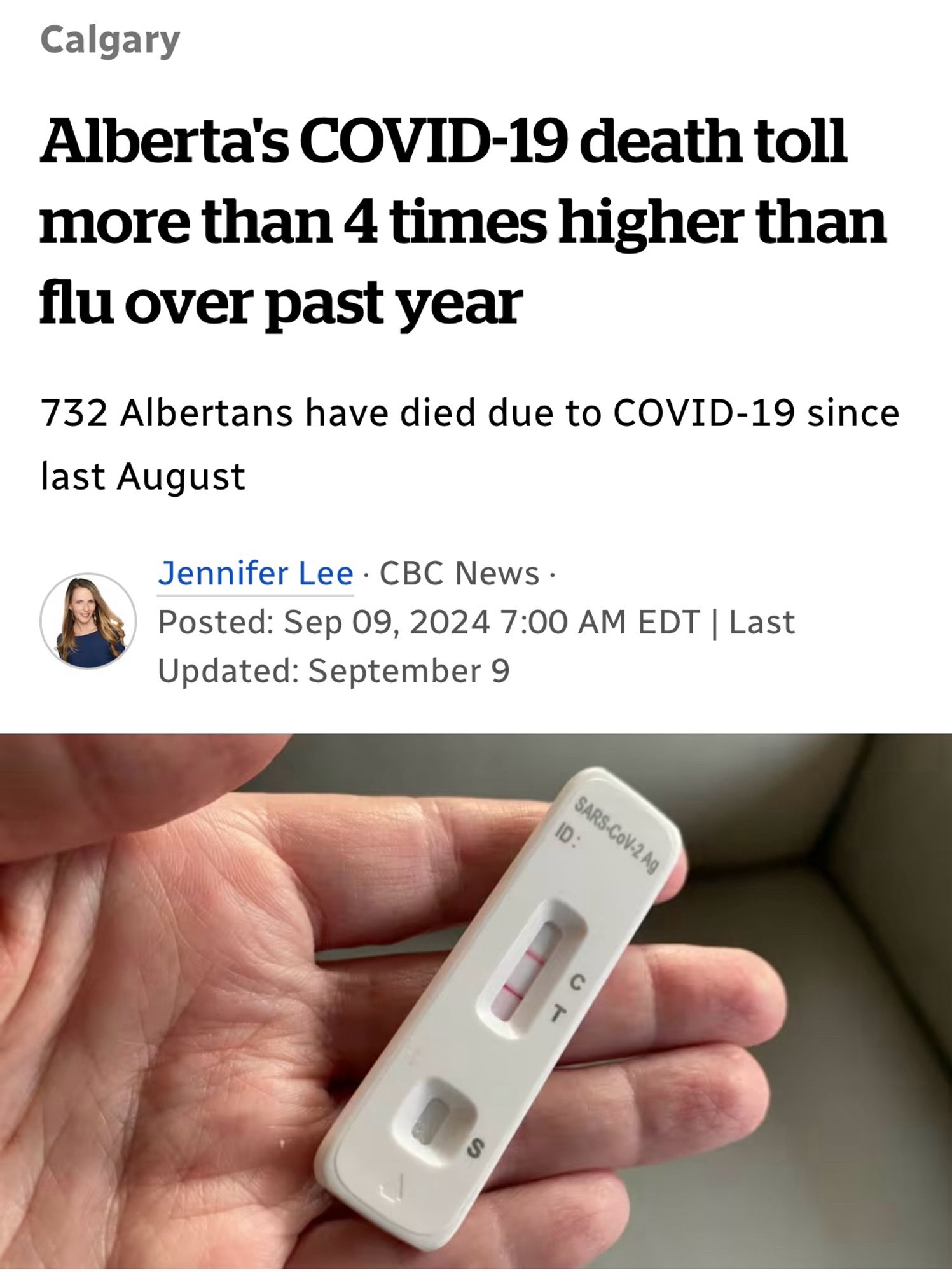 Calgary
Alberta's COVID-19 death toll more than 4 times higher than flu over past year
732 Albertans have died due to COVID-19 since last August
Jennifer Lee • CBC News •
Posted: Sep 09, 2024 7:00 AM EDT | Last
Updated: September 9