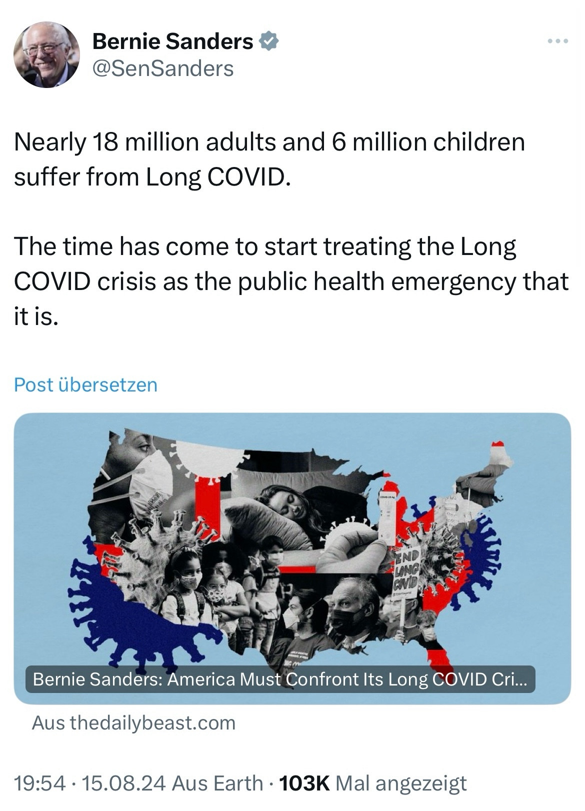 Screenshot Post 
Bernie Sanders &
@SenSanders
Nearly 18 million adults and 6 million children suffer from Long COVID.
The time has come to start treating the Long
COVID crisis as the public health emergency that it is.