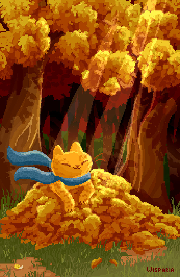 Pixel art of orange tabby in a pile of leaves