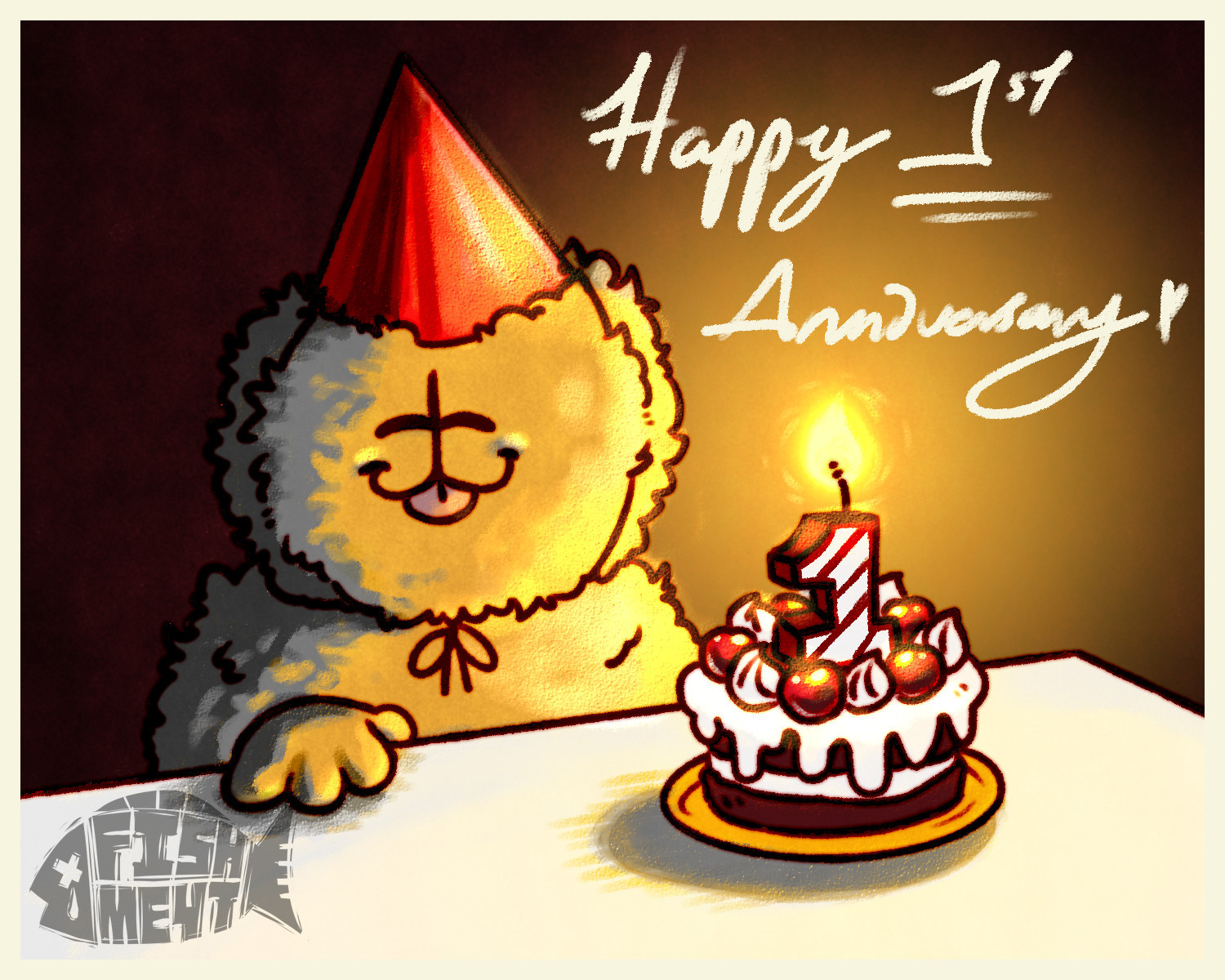 A smiling fluffy grunt with their tounge out and red party hat, looking happy, joyous and content as they celebrating their birthday. On the white table, a small blackforest cake decorated with whipped cream and cherries on top, surrounding the lit candle in shaped of number one, illuminating dark room.
(artist note: this is fluffy grunt's third birthday. its just a repost of an old art btw)