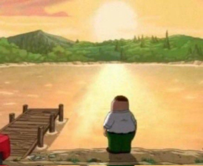 Peter Griffin staring into the sunset over a lake