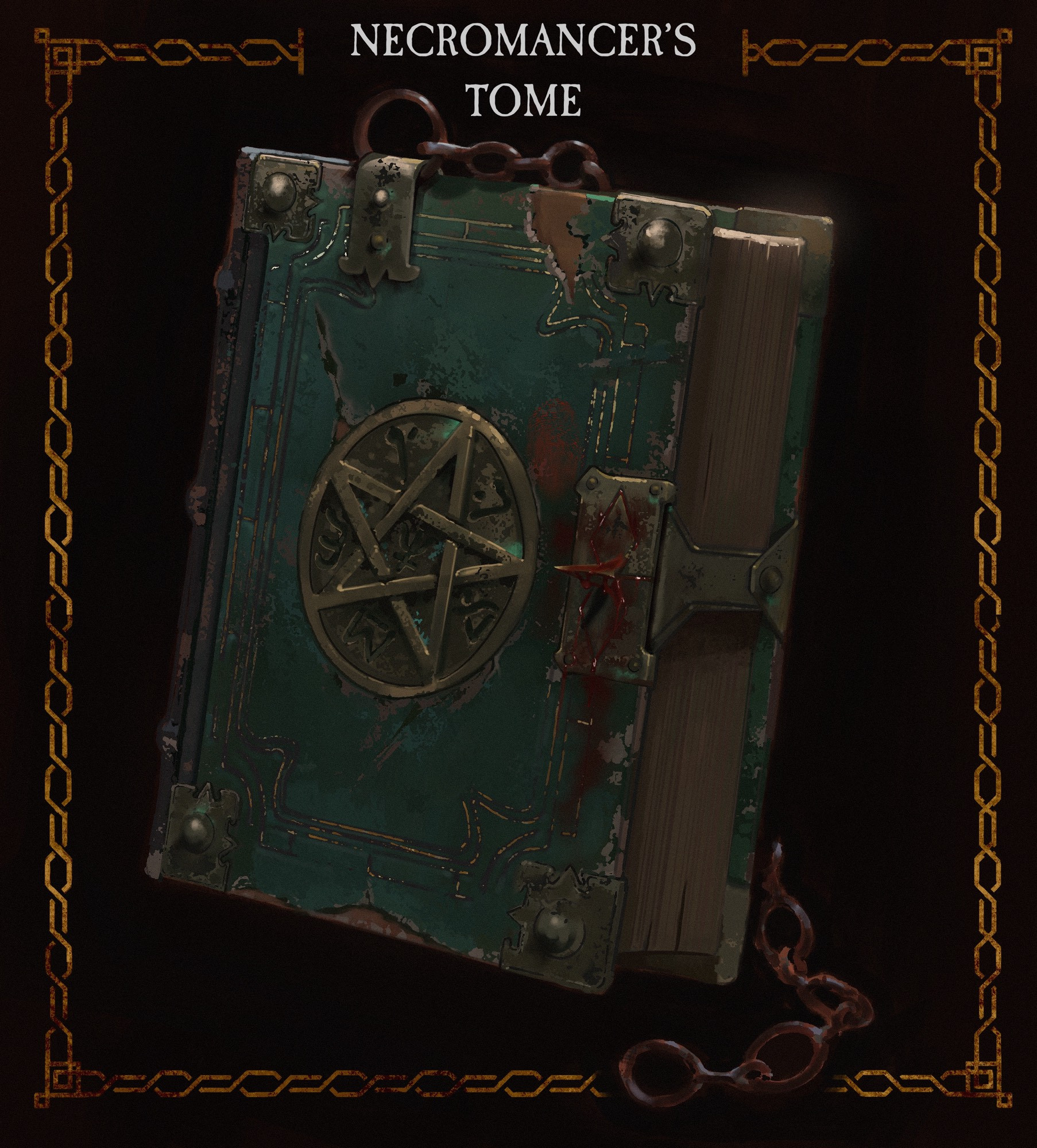 A chained book of Necromancy, green leather with brass fittings and a pentagram in the centre. To the right is a bloodied spike attached to a lock keeping it sealed.