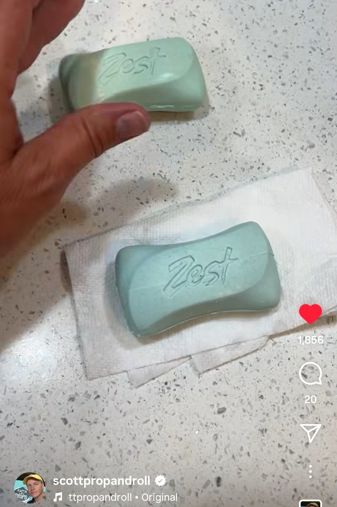 Screenshot of real/fake soap from prop guy's instagram reel