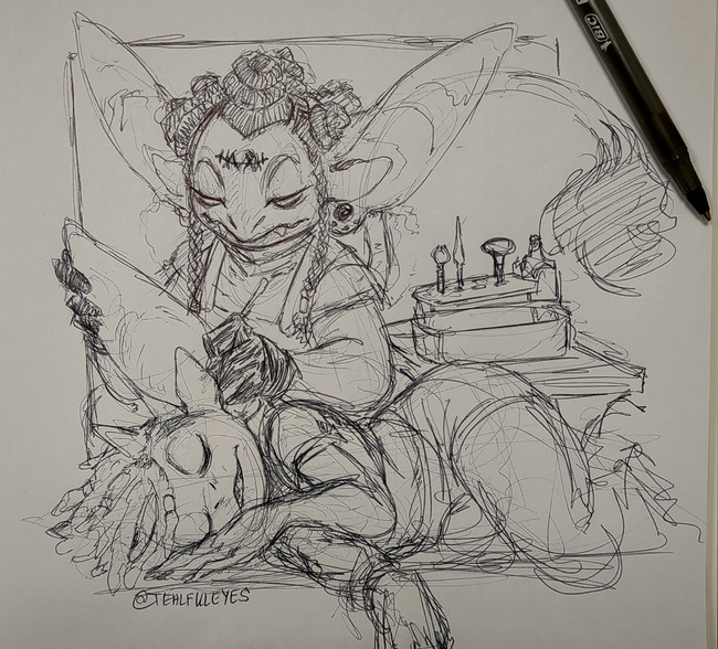 Sketch by Tealful eyes of an Imp using tools to clean out the ear of another Imp who is laying down on their side. The Imp receiving the cleaning is relaxed and possibly falling asleep during the process.