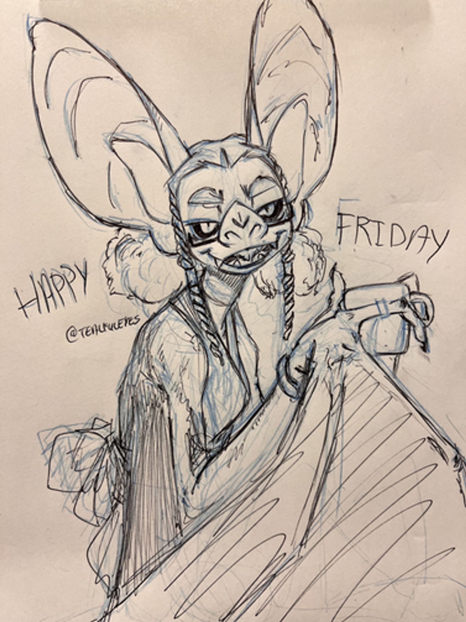 Self portrait sketch of TealfulEyes as an anthropomorphic bat sitting with a cup of tea, accompanied by the caption "Happy Friday"