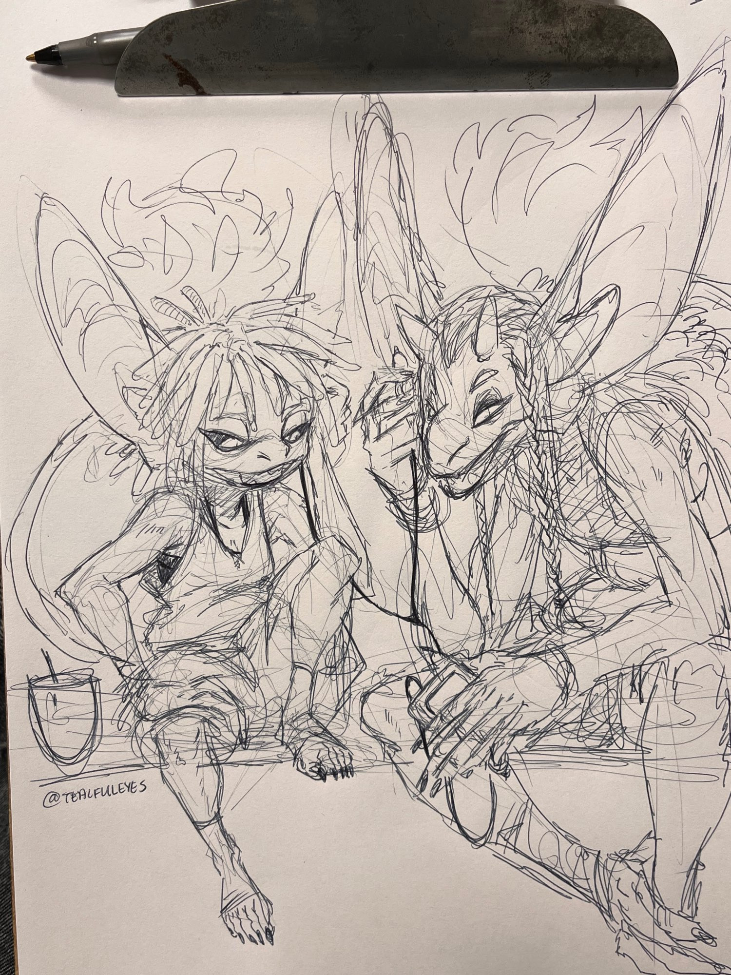 Sketch of two imps sitting next to each other while sharing a pair of ear phones to listen to music together, by Tealful Eyes.