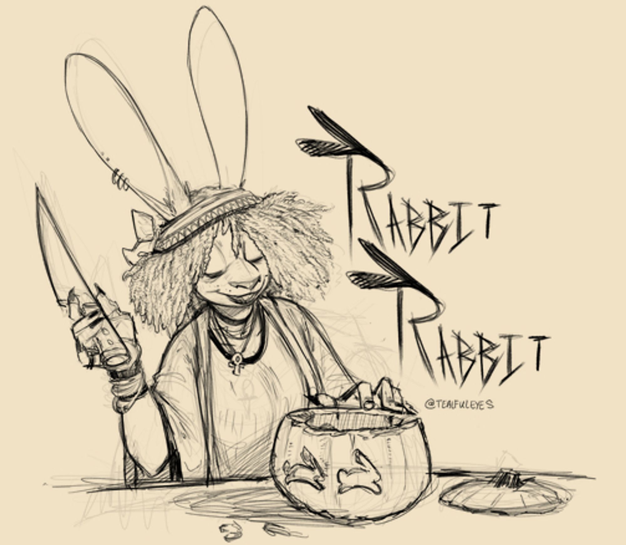 Sketch of an anthropomorphic rabbit woman carving silhouettes of rabbits hopping into a pumpkin.