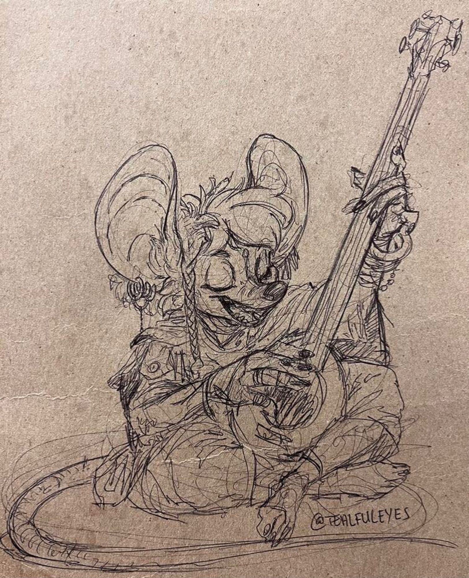 Sketch of an anthropomorphic mouse singing and playing a veena like instrument.