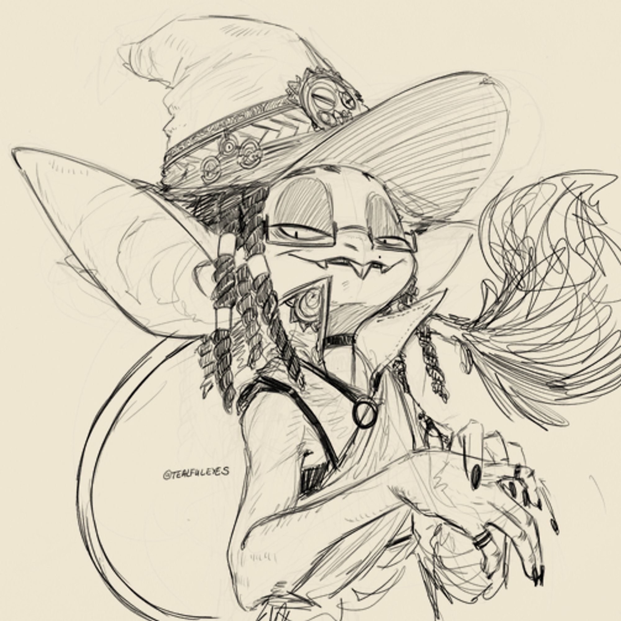 Self portrait sketch of Tealful Eyes posing in formal Imp attire and a Wardens' hat.