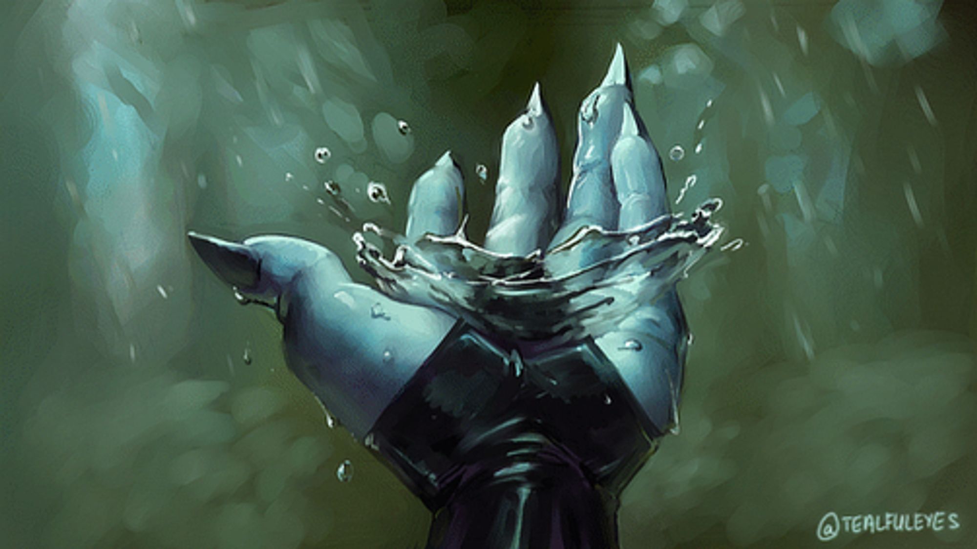 Painting by Tealful Eyes holding out their hand to catch water falling from above and splashing in their palm during the rain.