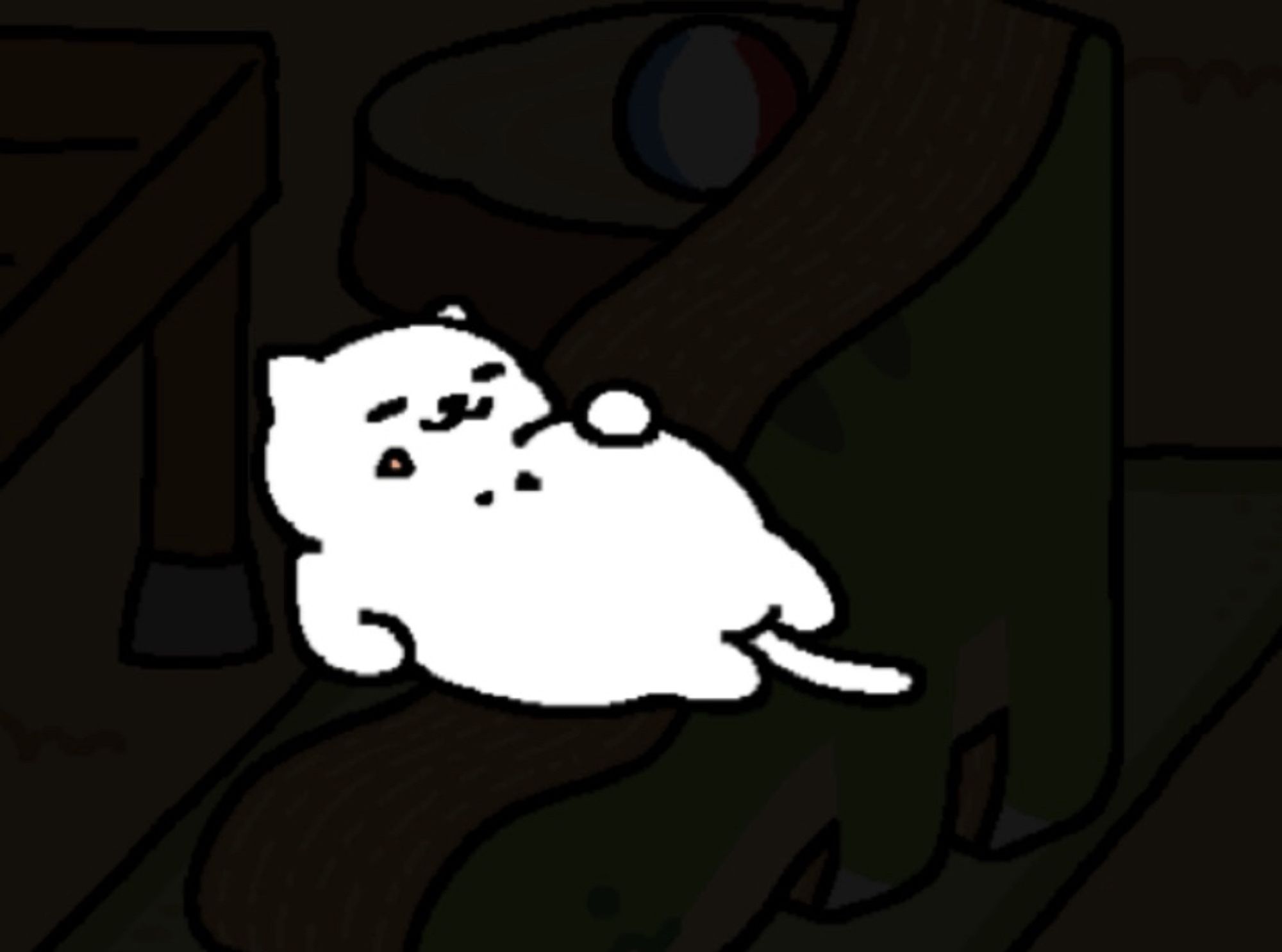 A screenshot from Neko Atsume with a fat white cat named Stubbs reclining on his side.