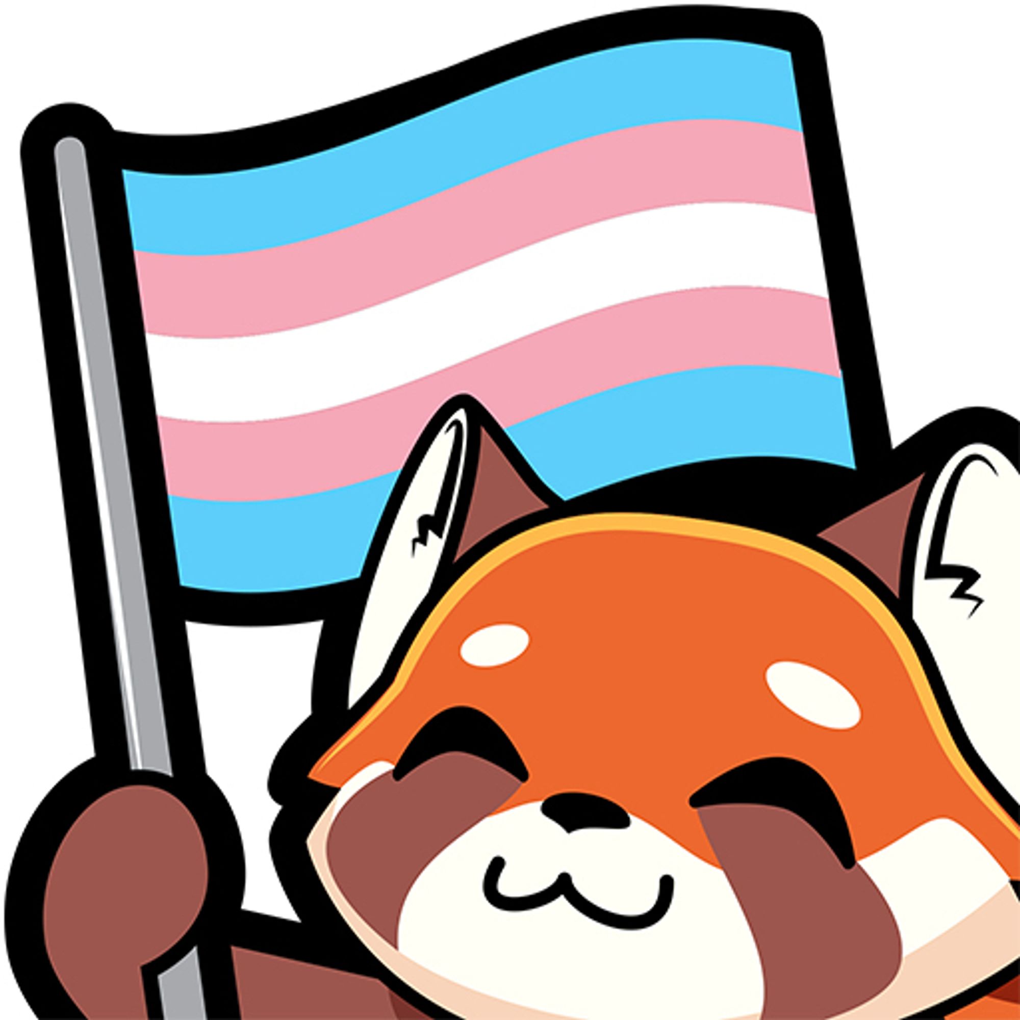 A sticker of a Red Panda holding a Trans Pride Flag.