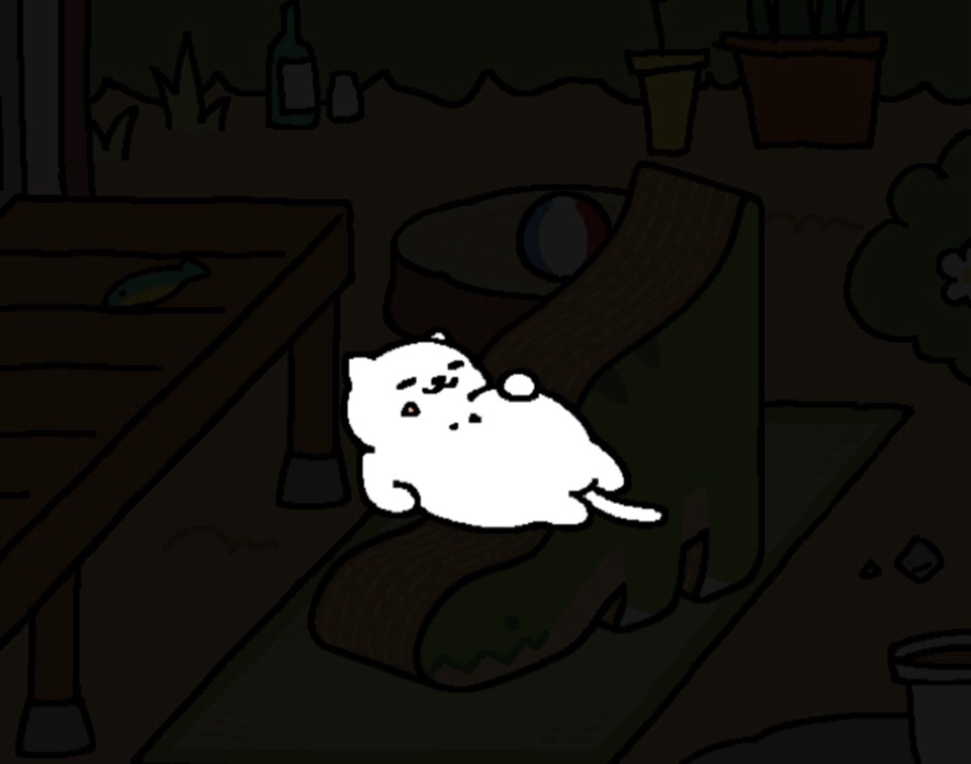 A screenshot from the game Neko Atsume with a white fat cat named Tubbs lounging in the center of the screen.