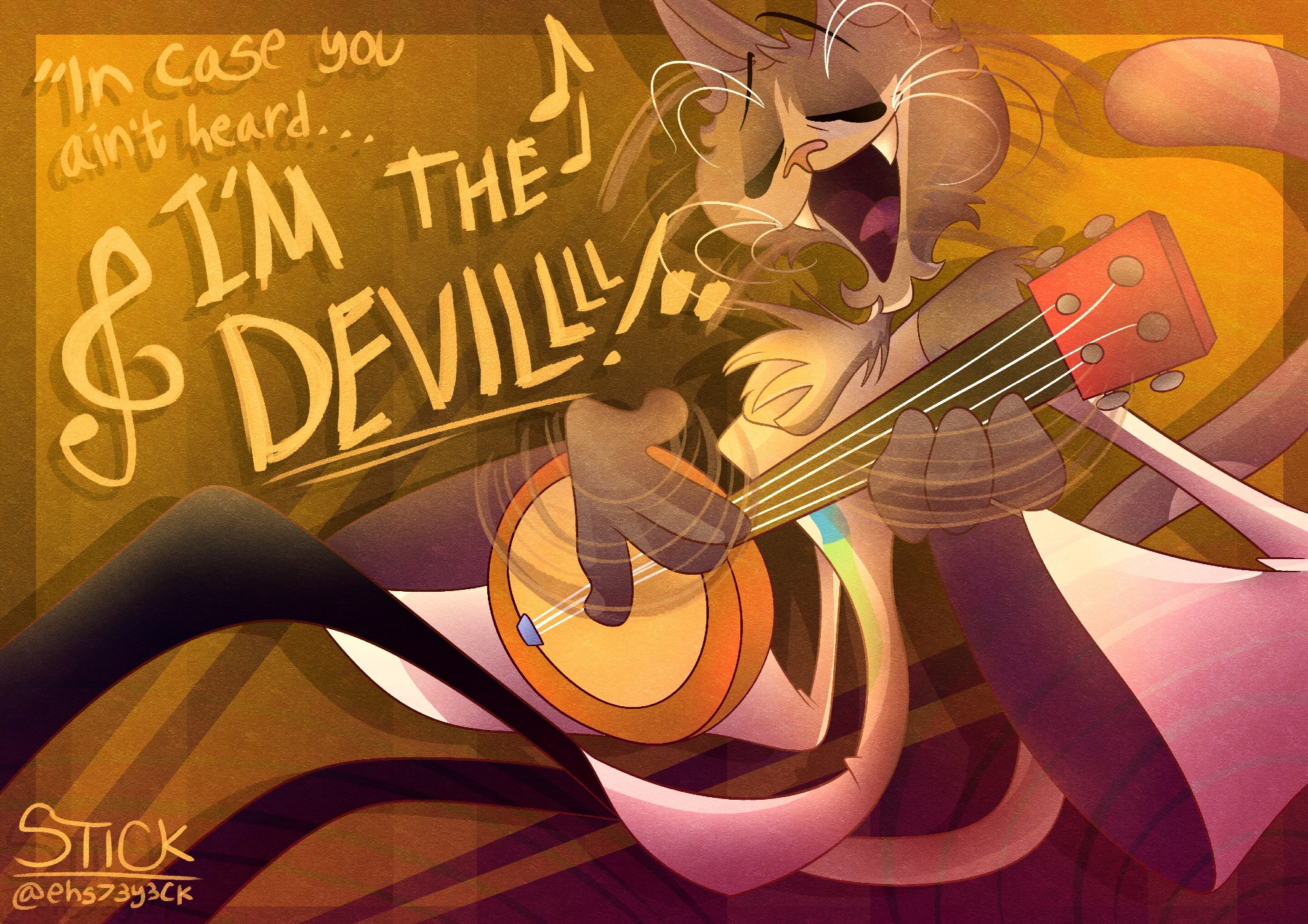 A colorful illustration of The Scratcher, who is singing whilst playing the banjo. On the top left are lyrics that read; "In case you ain't heard... I'M THE DEVIL!". The lyrics are surrounded by multiple music notes.