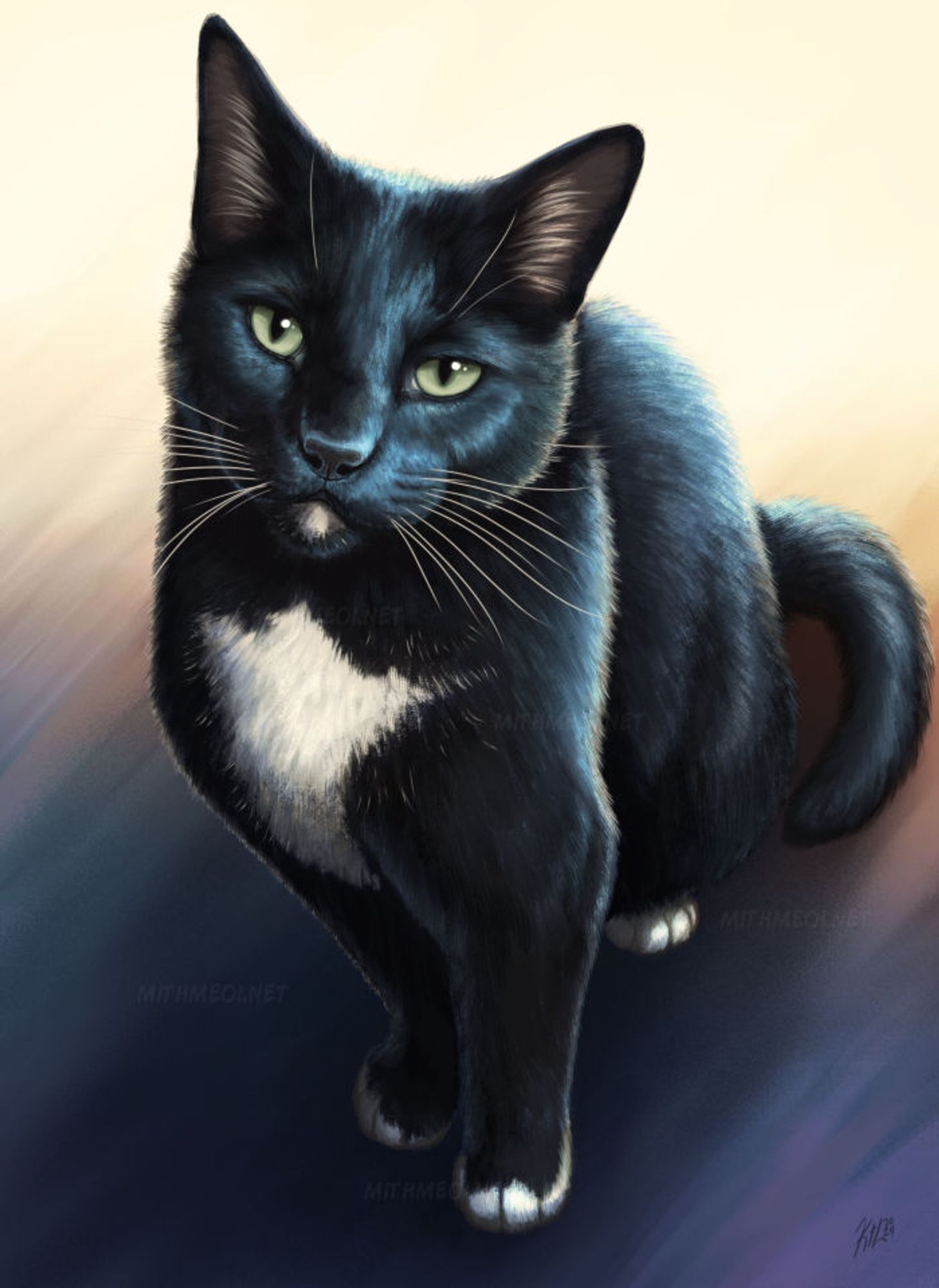 Realistically painted tuxedo cat looking at viewer.