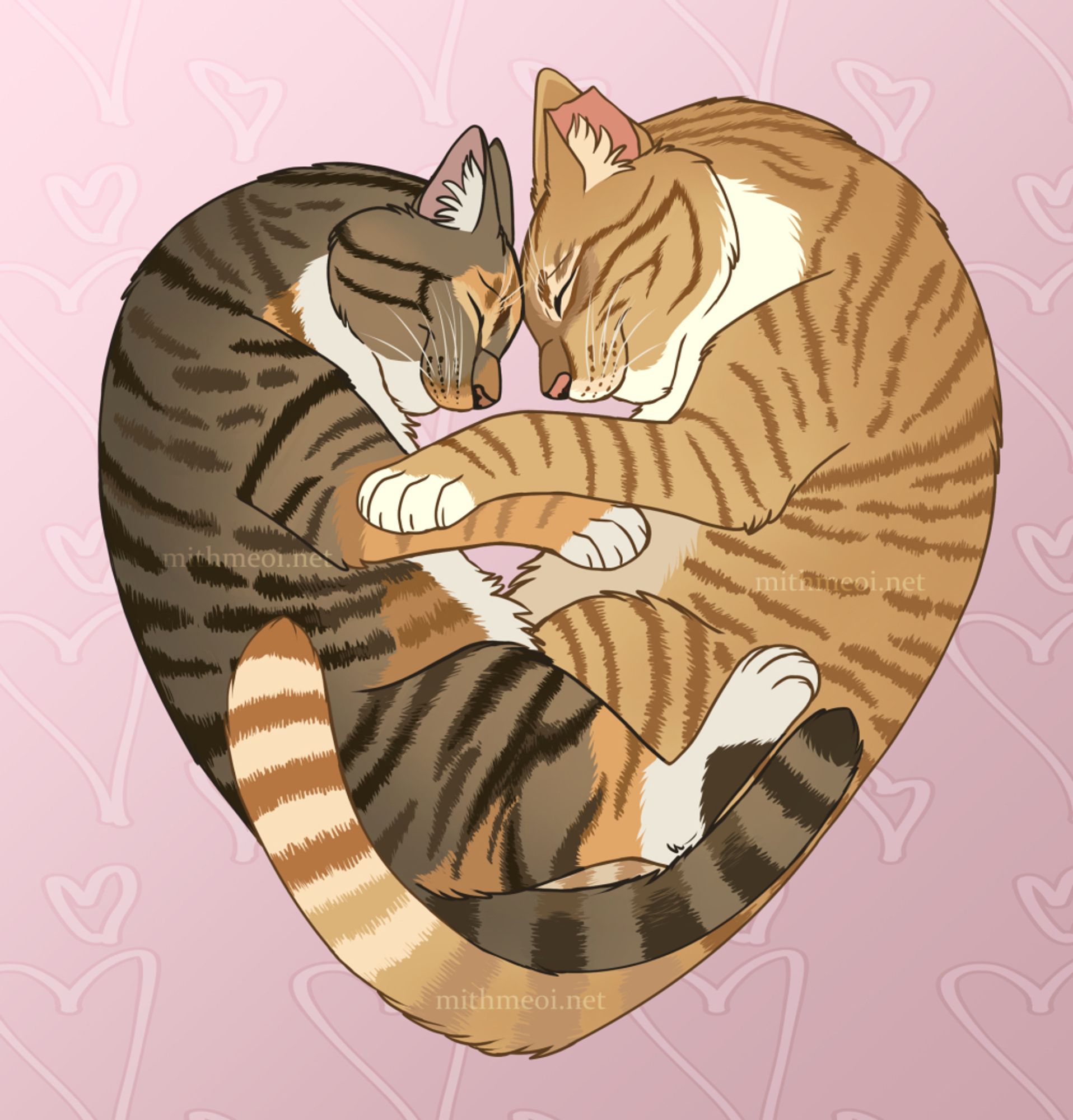 Bond and Calypso sleeping together, forming a heart shape, from CaM FAM.