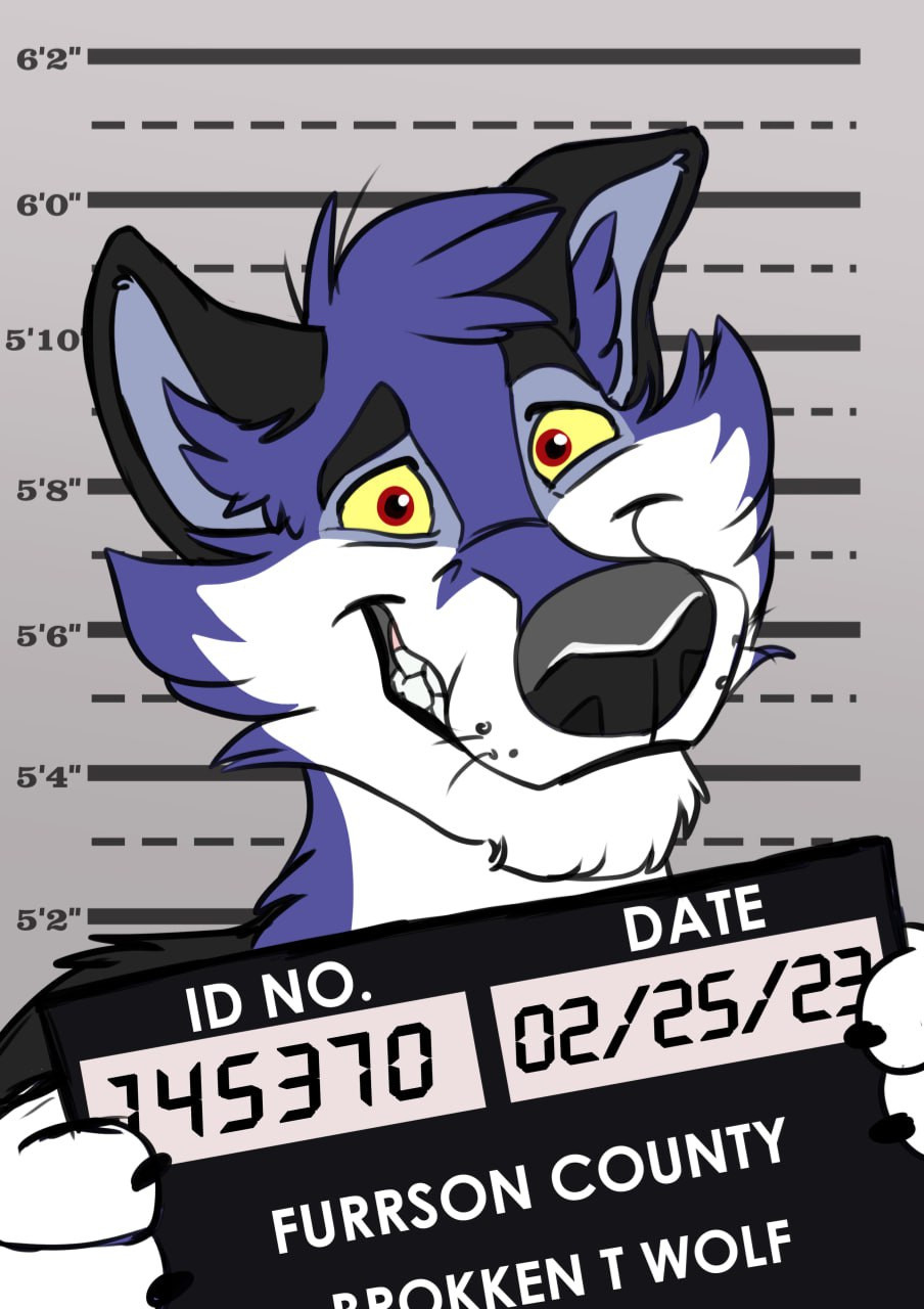 Anthro wolf holding mug shot sign