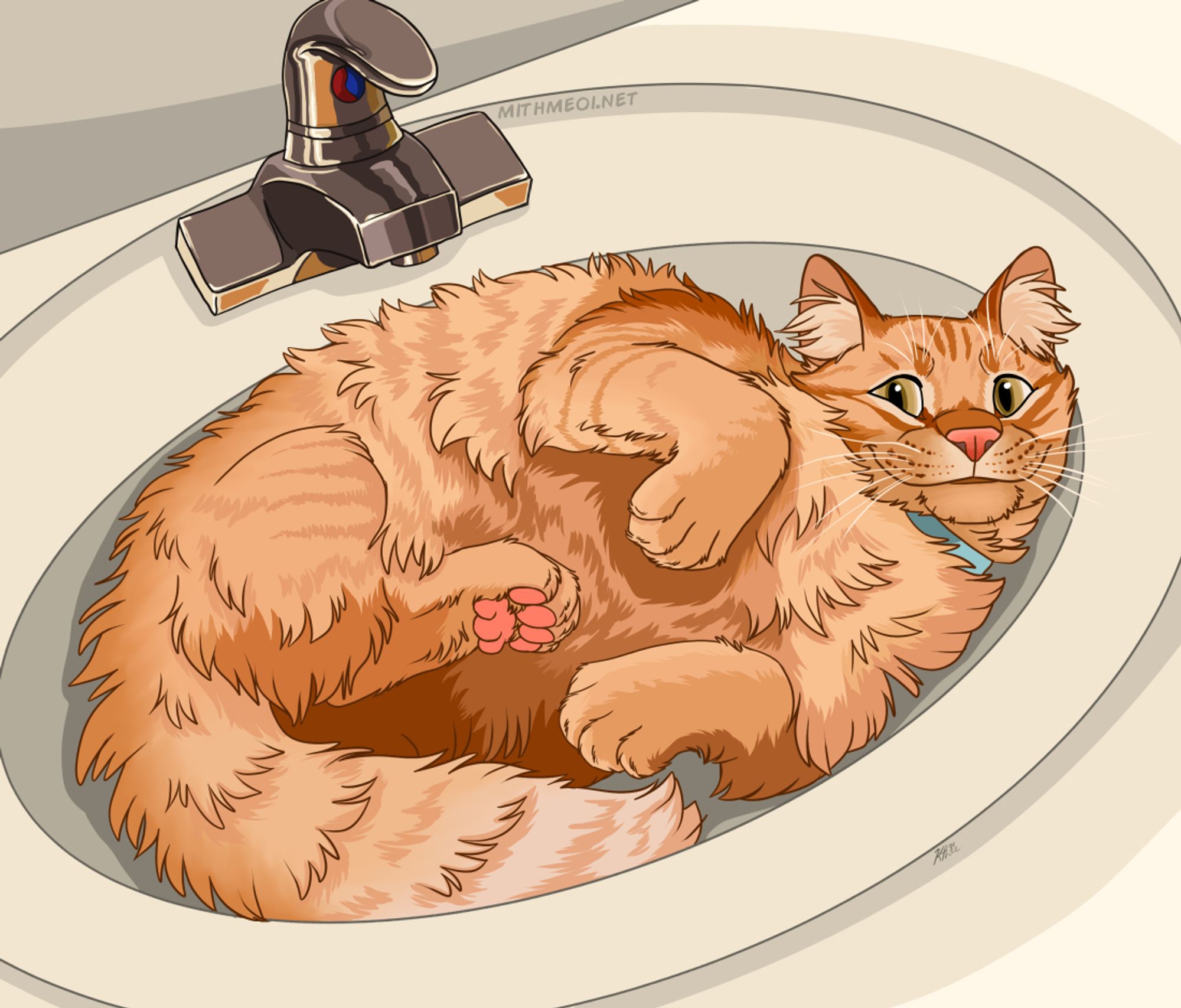 Toony fluffy orange cat laying in a sink looking up at viewer playfully.