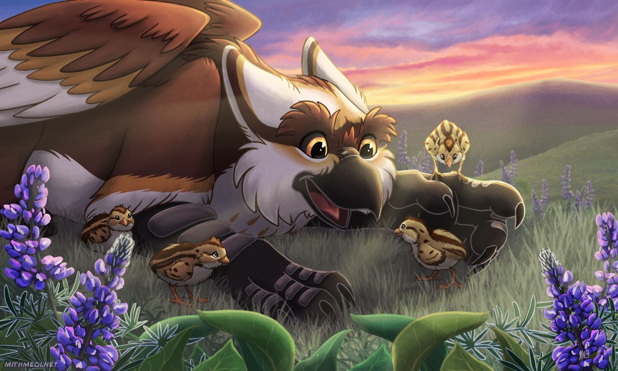 Toony brown and white gryphon playing with baby quail chicks against a pnw spring/summer background of rolling hills and wild flowers.