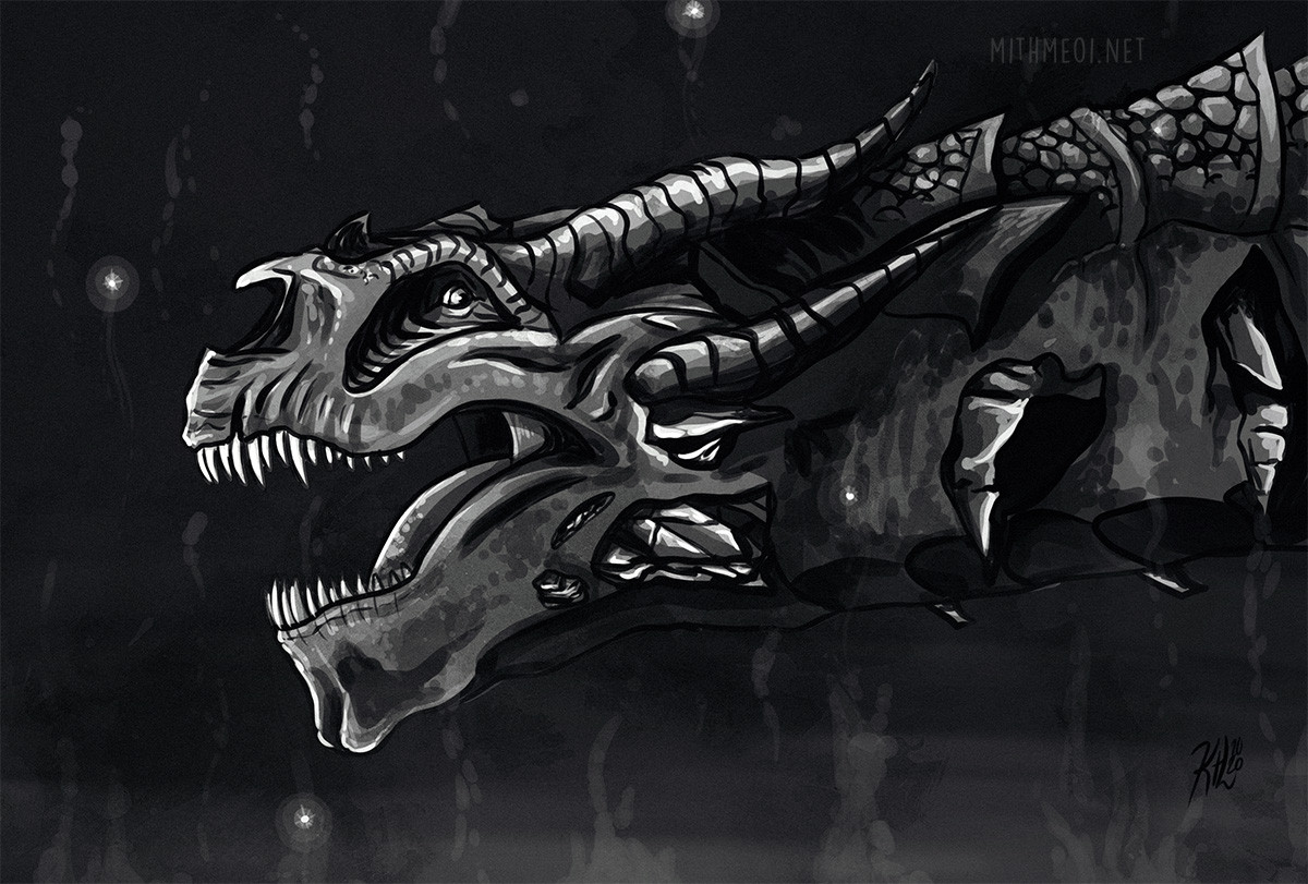 BW sketch of Red Lyrium Dragon from Dragon Age Inquisition.