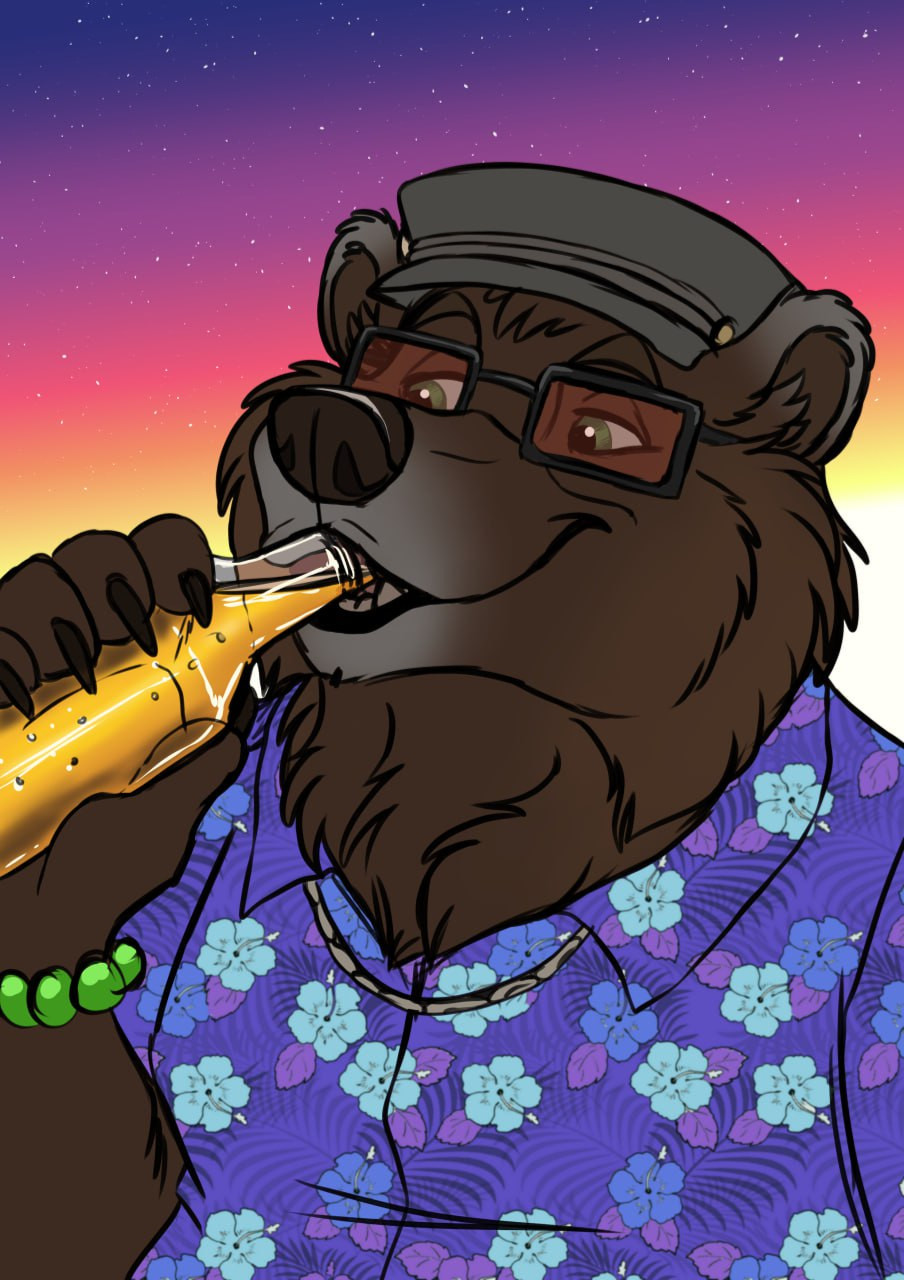 Antgro bear wearing Hawaii shirt drinking beer