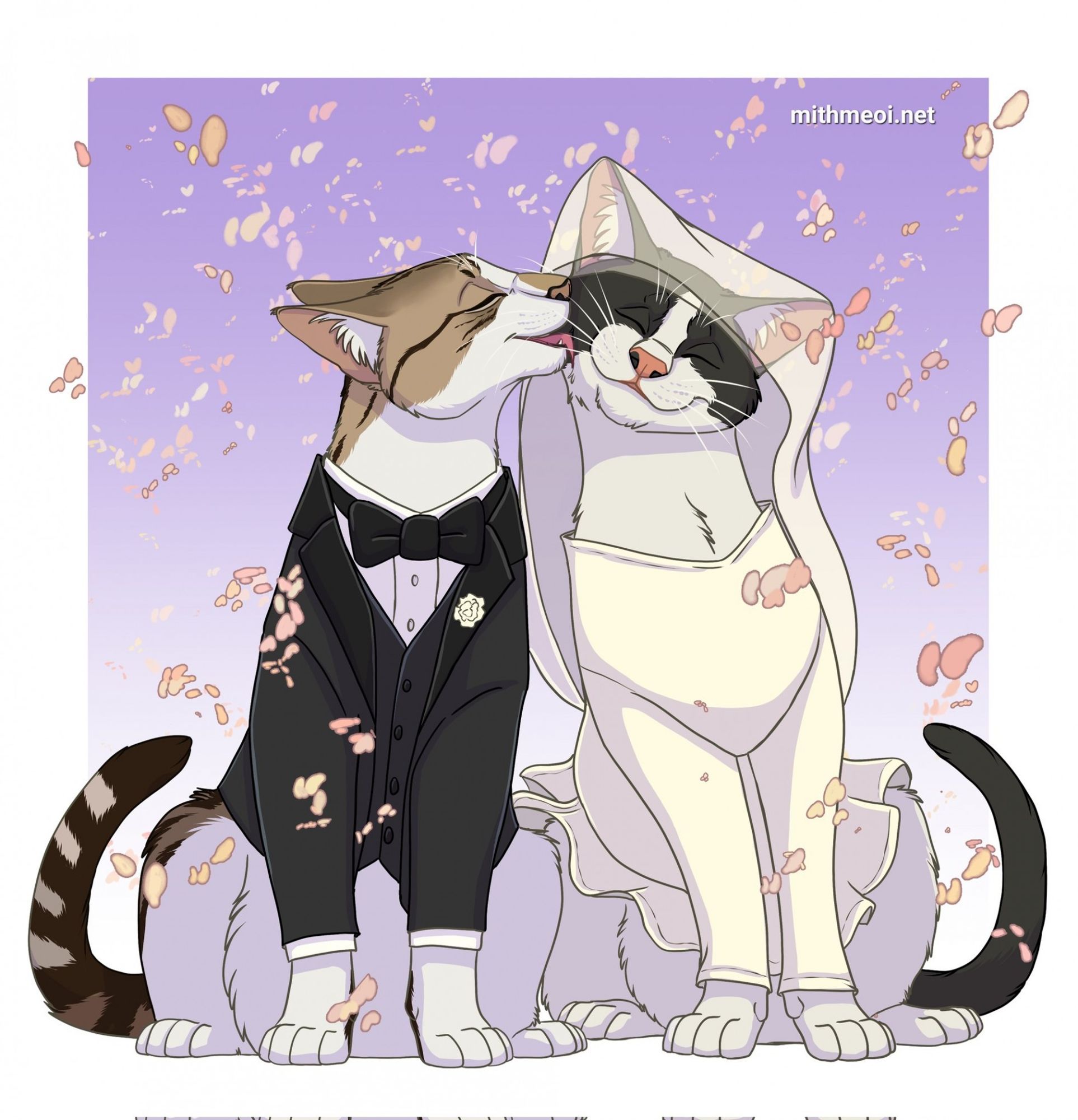 Bride and groom cats, groom, a partial tabby, licking the cheek of the bride a partial tuxedo cat.