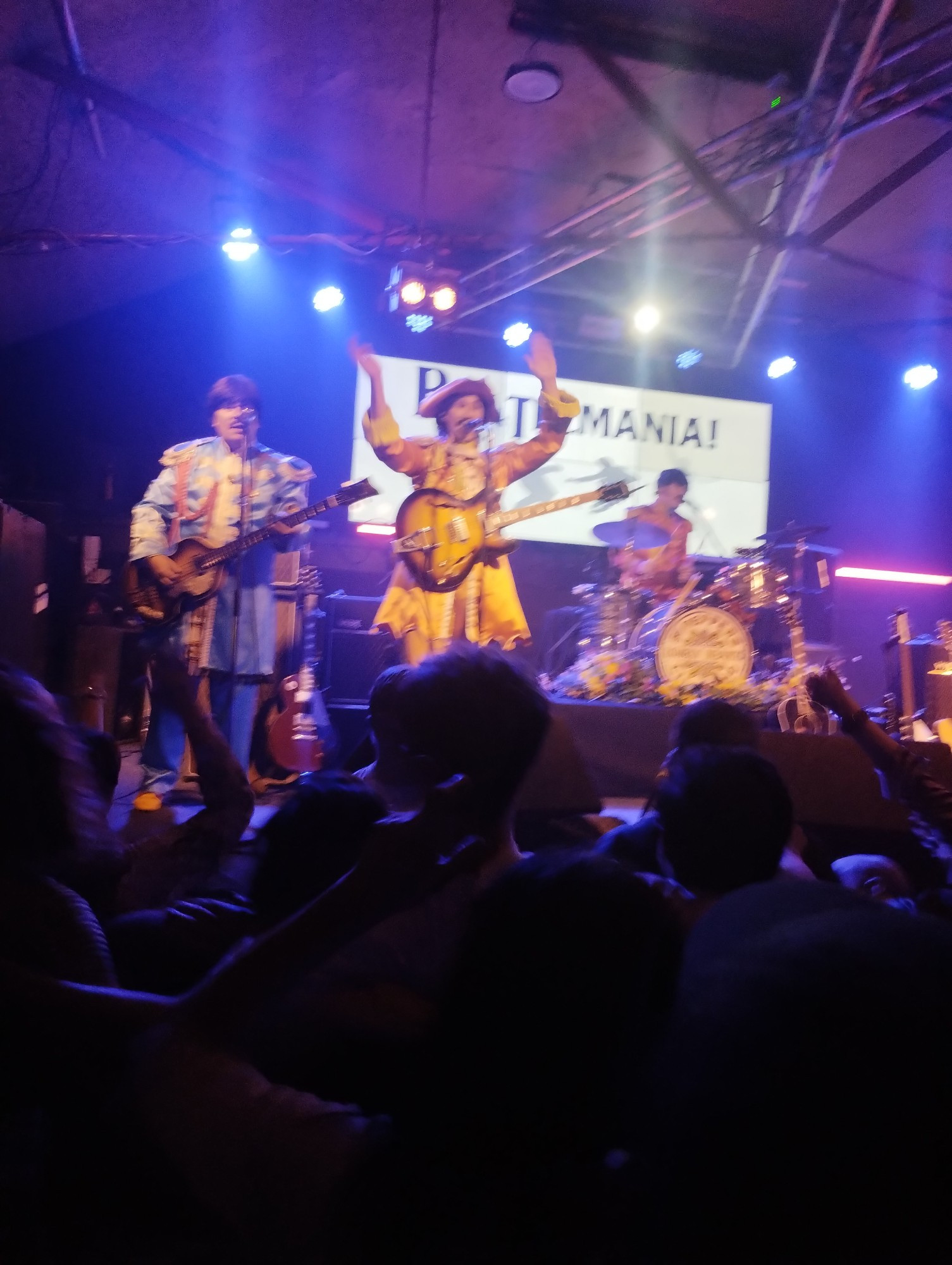 The Beatlemania tribute band on stage, dressed in the Sgt. Pepper uniforms. The George Harrison impersonator is waving his arms in the air to guide the audience in time to the song.