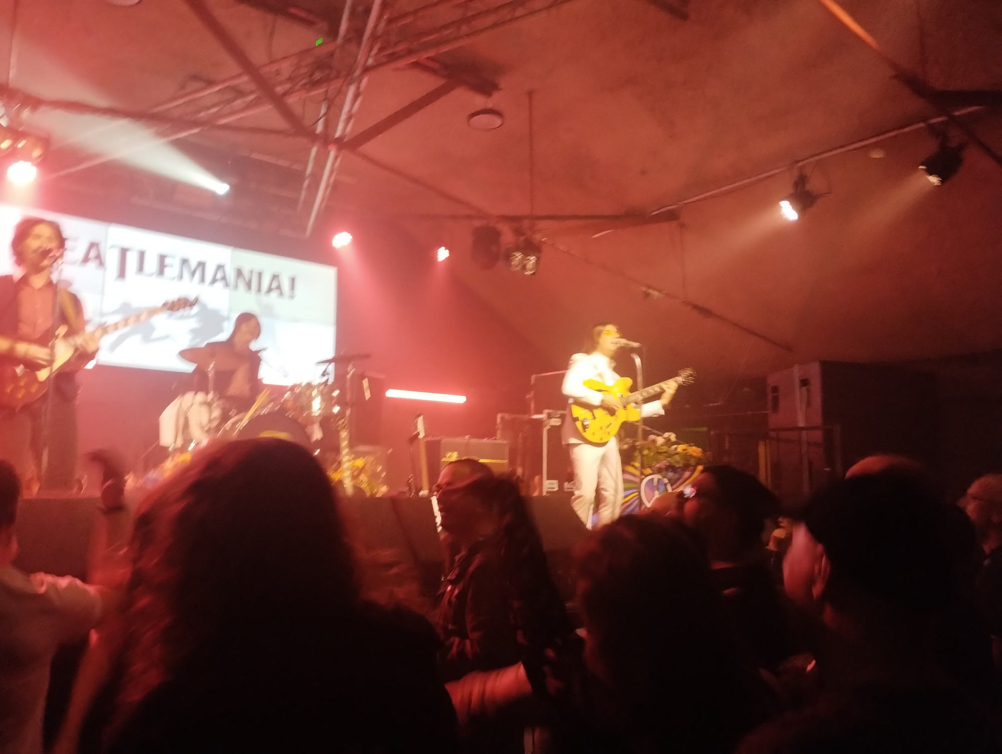 The Beatlemania tribute band performing on stage, dressed in a mixture of costumes from the "Get Back" sessions and "Abbey Road" appearances.