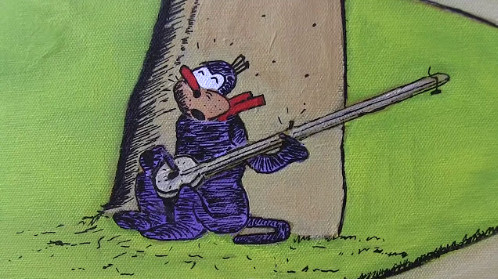 George Herriman's Krazy Kat, leaning against a monolithic rock formation, singing and playing a guitar. Or maybe a banjo. Some kind of lute with a round head and really long neck, anyway. Krazy's eyes are squinting and head is thrown back to get the song out, but Krazy understands the blues isn't about what you're playing or how you look. It's about expression via sound. 