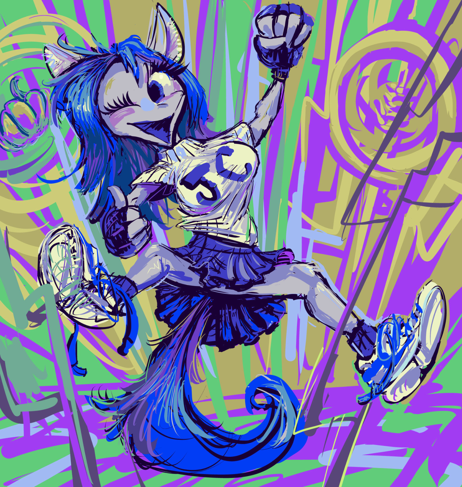 vaguely-horse like anthropomorphic figure winking one eye,balancing on its blue tail and giving some enthusiastic gesture wearing athletic shoes, a short blue skirt and a figure-emphasizing white sweater labeled JC