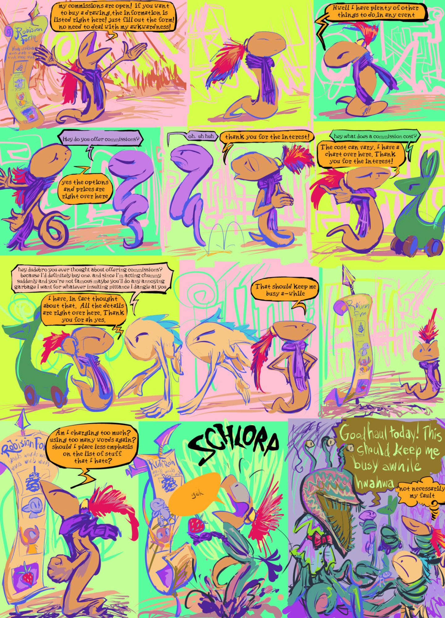 brief comic strip in which a snake-like creature directs other beings to promotional information posted nearby that they seem approach but ignore.  And then all are revealed to have been captured by a plant-alien-monster that has been hiding beneath the posting.