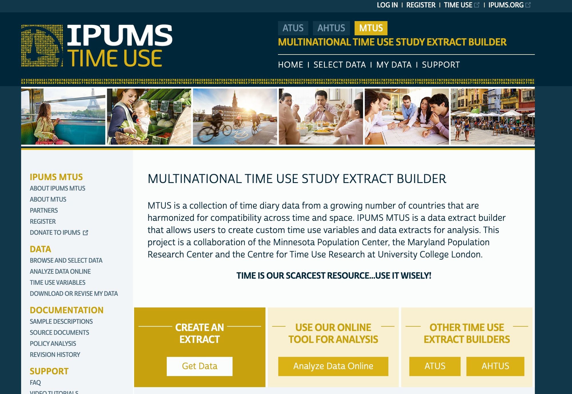 Screenshot of the IPUMS MTUS home page with a description of the Multinational Time Use Study Extract Builder and buttons to create an abstract displayed most prominently.