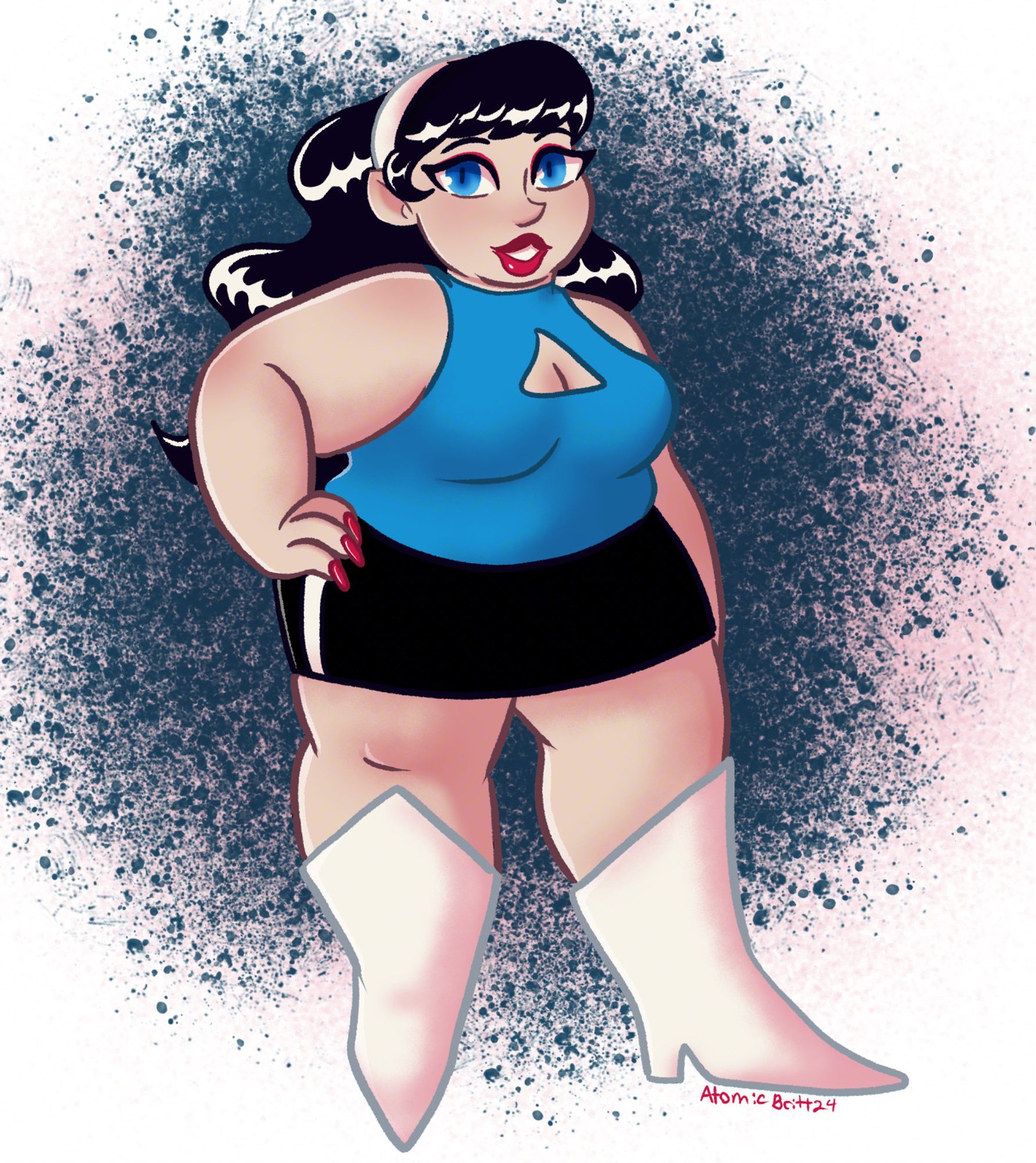 Drawing of a plus size woman standing with her hand on hip and smiling at the camera. She has pale skin, long wavy black hair, blue eyes, red lipstick, and matching long red nails. She is wearing a white headband and matching white boots, a light blue halter top with a triangle boob window and short black skirt with a white stripe down the side.