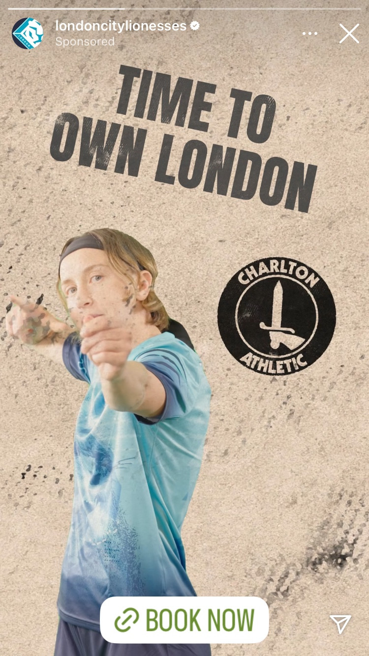 Player making silly gesture next to motto “time to own London” and Charlton crest