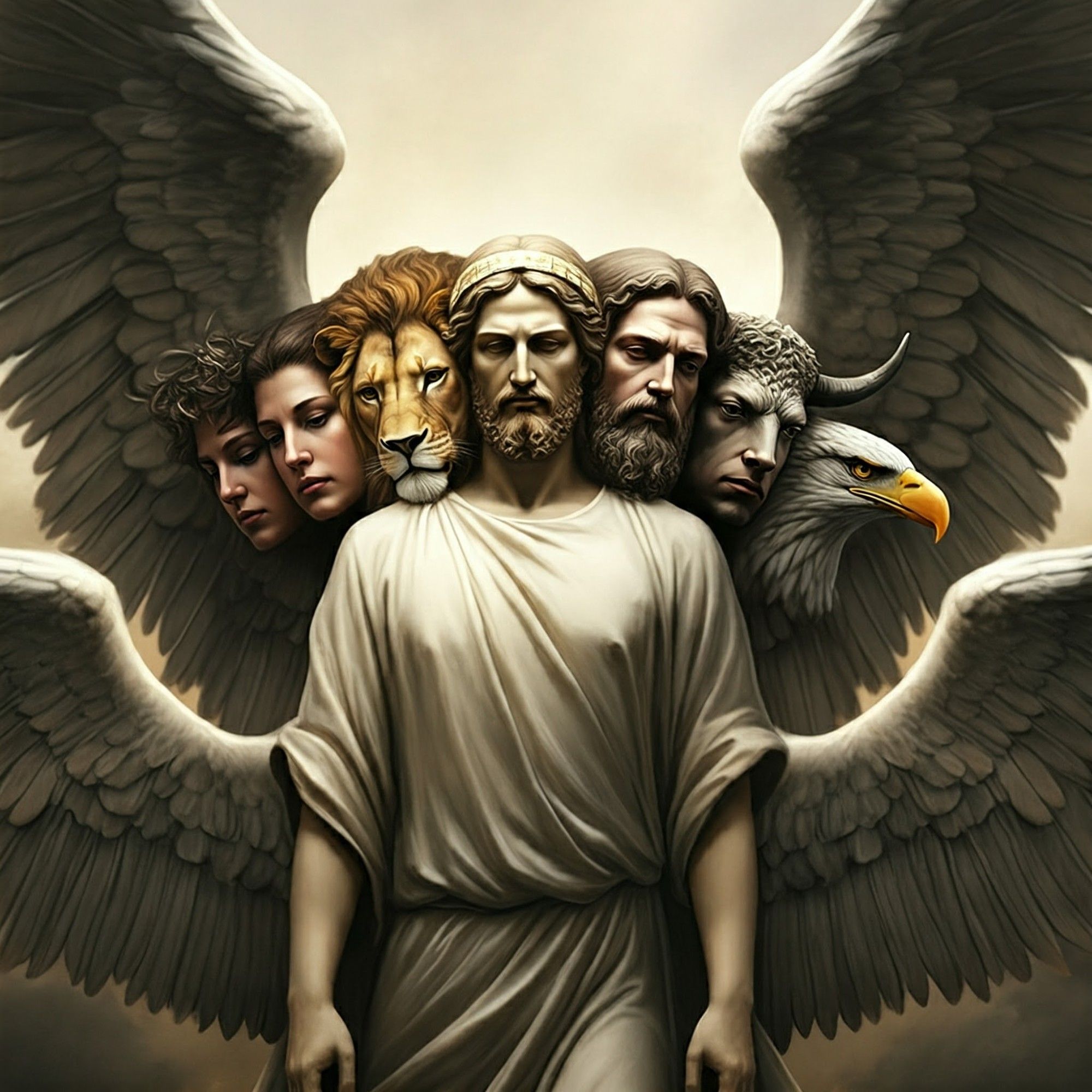 "A digital painting of a winged angel with four faces: a woman's face looking to the left, a lion's head facing forward, a bearded man's face looking to the right, and an eagle's head on the far right. The angel's own face is serene and has a short beard. The angel wears a white robe and has large, feathered wings spread out behind it."