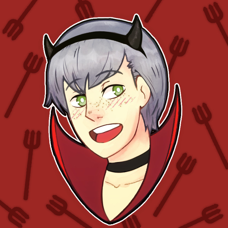 A digital drawing of Ashe Ubert from Fire Emblem: Three Houses, dressed for Halloween. He is wearing black devil horns, floating against a red background with pitchforks.