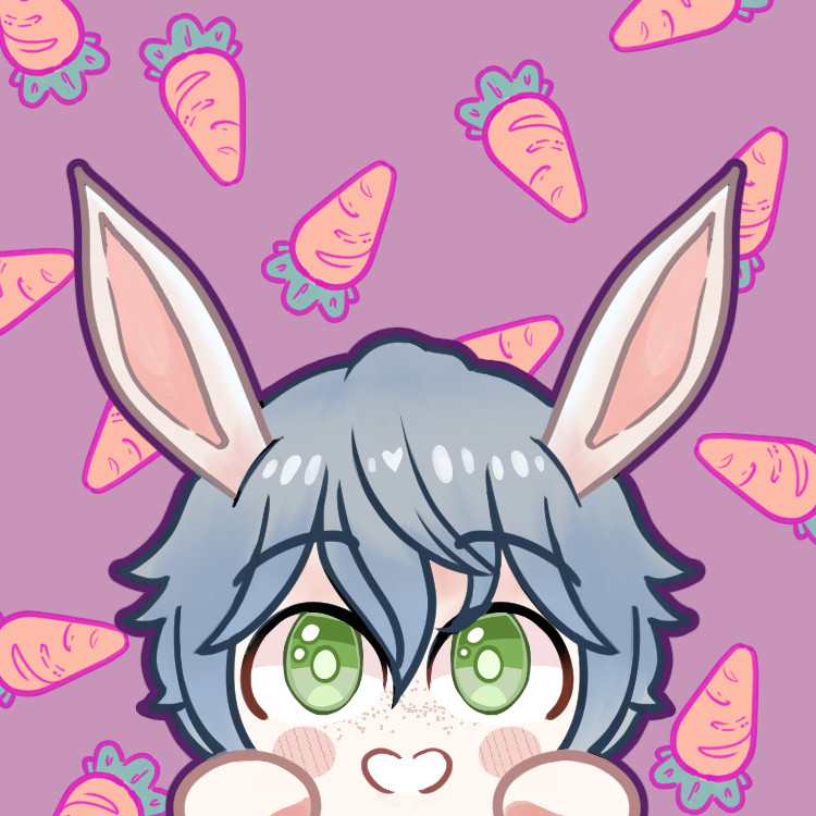 A digital drawing of Ashe Ubert with bunny ears, against a pink background decorated with carrots.