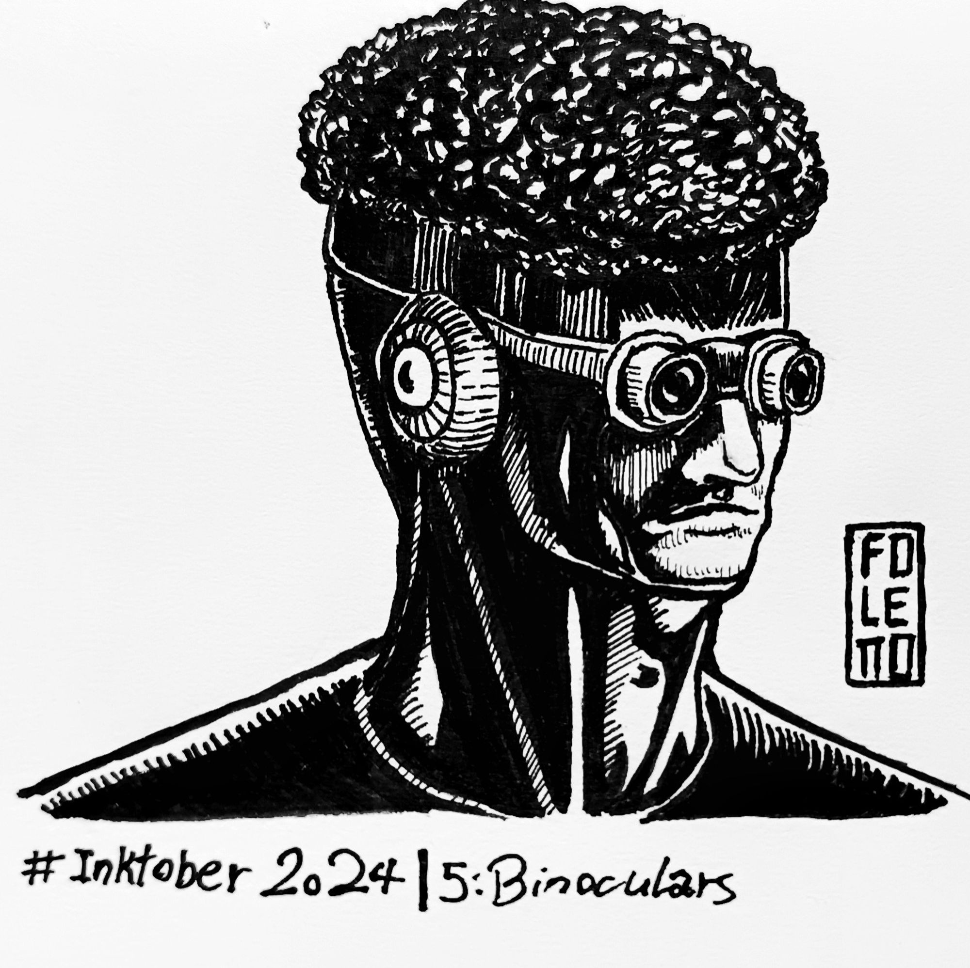 Illustration depicting the portrait of a super hero-like character, wearing a spandex-like uniform leaving out his face and curled hair. He wears goggles that hide his eyes