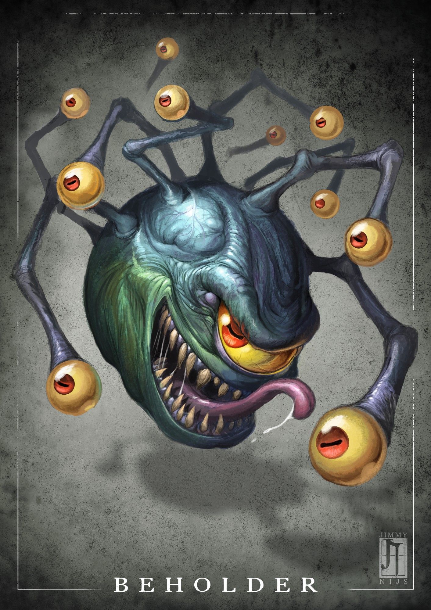 This picture depicts an illustration of a Beholder, a malicious creature from the table-top roleplaying game Dungeons & Dragons, that resembles a blue-and-green orb with one big yellow eye, with ten eye stalks sticking out of it.