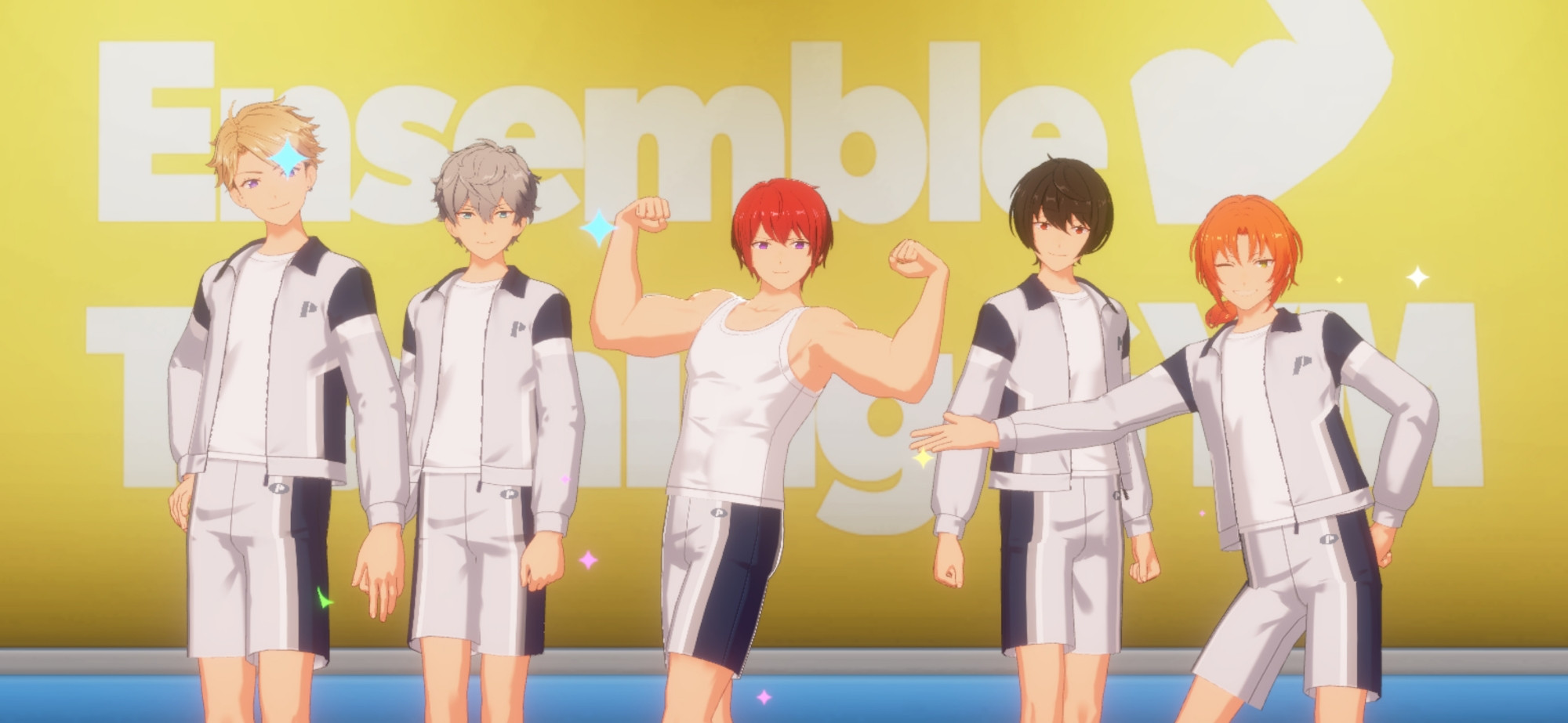 enstars ensemble training MV still with knights. tsukasa stands in the center with beefy arms and abs.