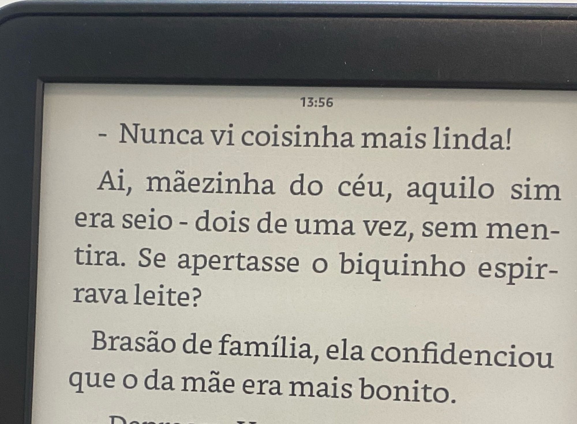 A imagem mostra a tela do leitor de ebook Kindle com trecho do livro Vampiro de Curitiba, que diz o seguinte:
- Nunca vi coisinha mais linda!
Ai, mãezinha do céu, aquilo sim era seio - dois de uma vez, sem mentira. Se apertasse o biquinho espirrava leite?
Brasão de família, ela confidenciou que o da mãe era mais bonito.