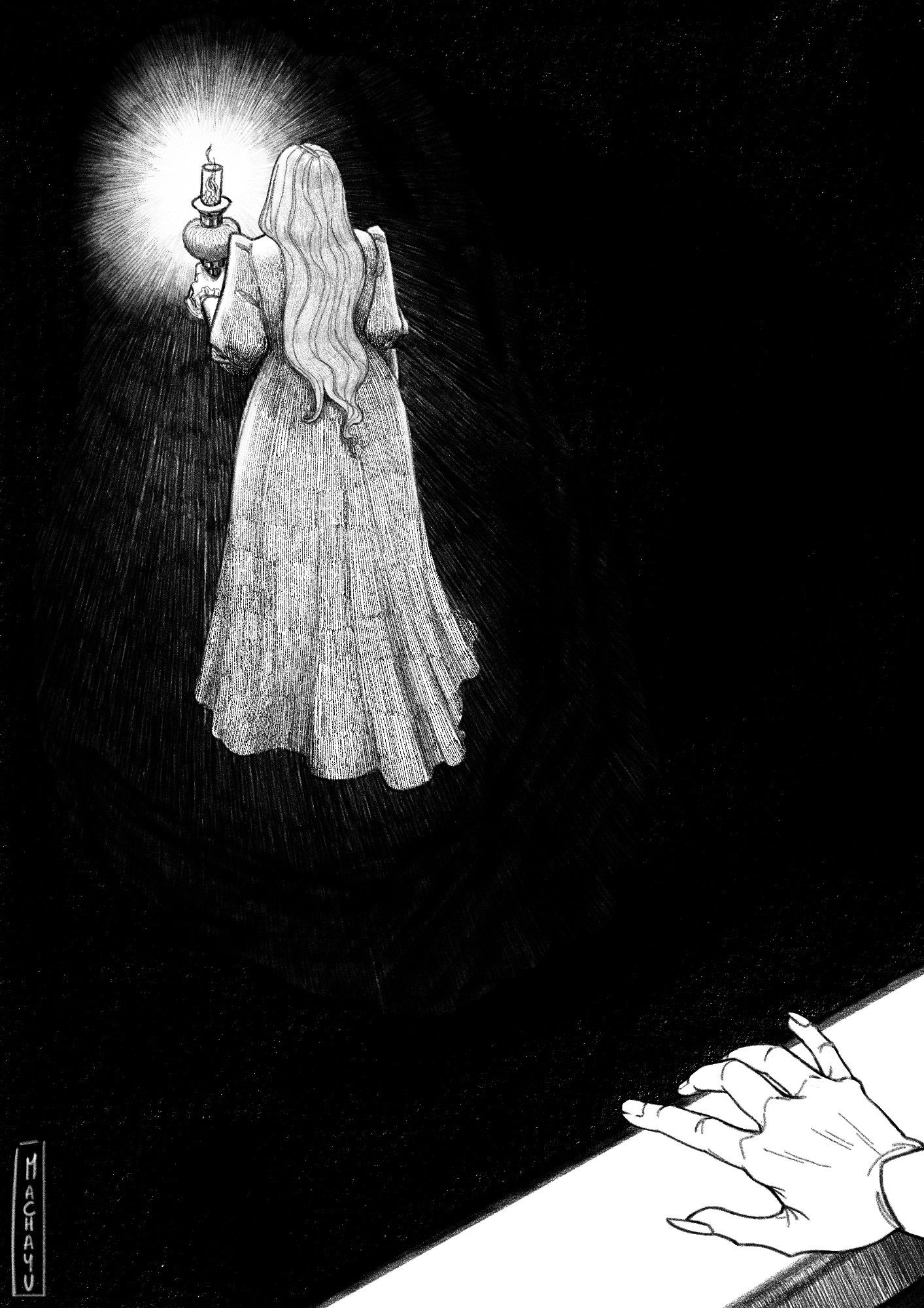 Illustration representing Laura and Carmilla from Sheridan le Fanu's novel. Laura is walking in the dark with a candle, not knowing she's being observed by Carmilla