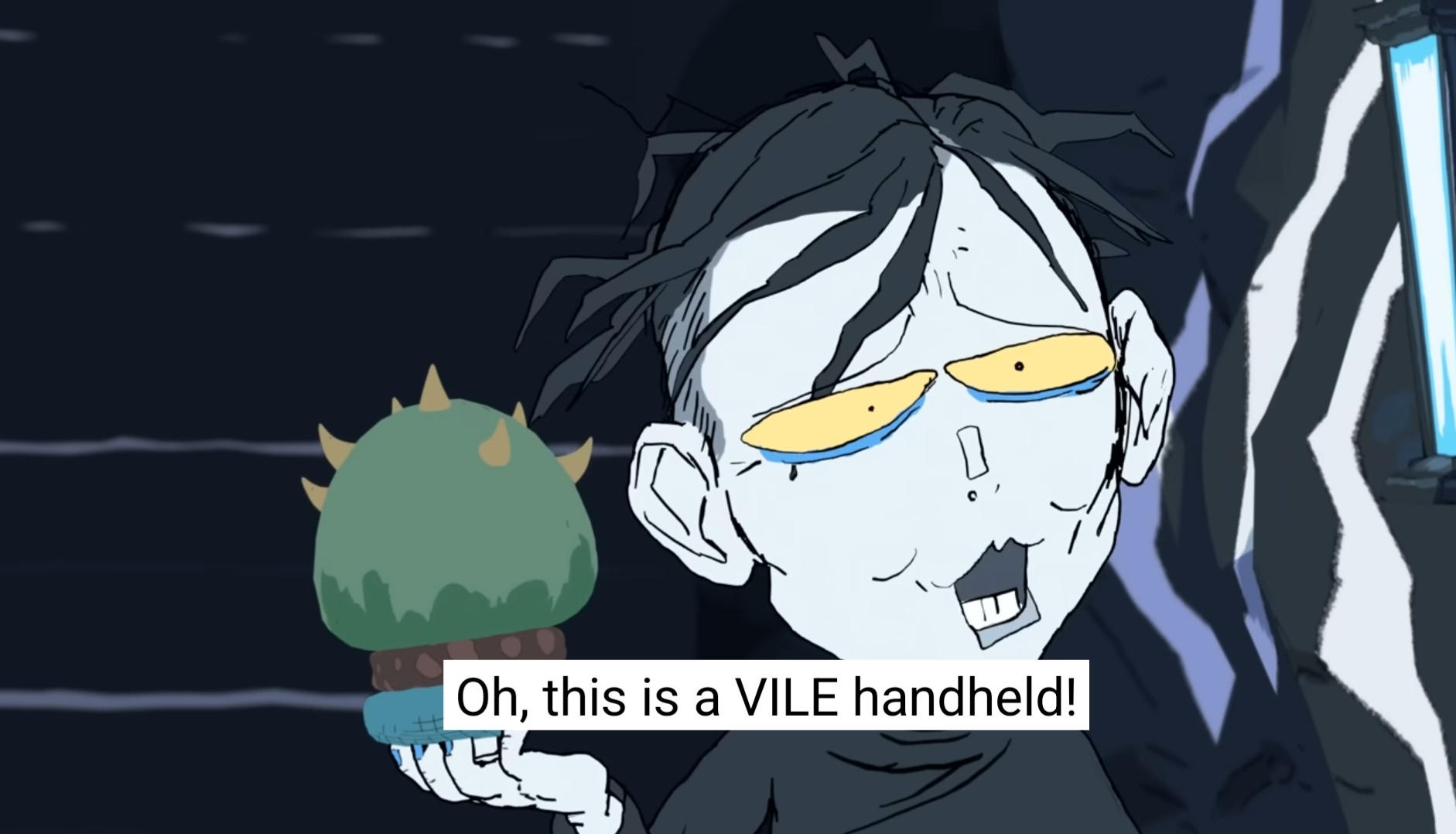 Screenshot of Cesare from bigtop burger holding the terrible burger made by the alien in season 2

Caption: "Oh, this is a VILE handheld!"

https://youtu.be/E7Ejus_AoIY