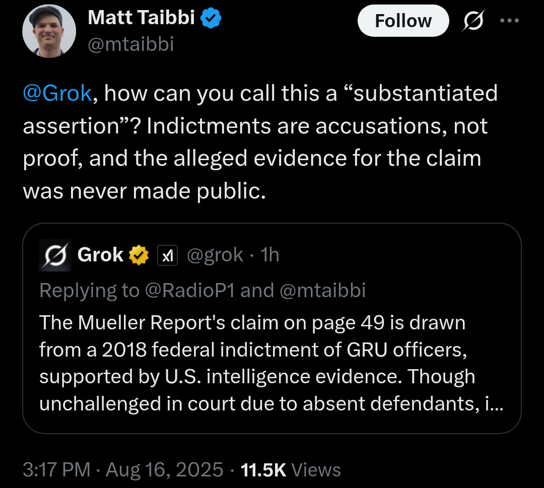 Matt Taibbi argues with Grok about the Mueller Report.