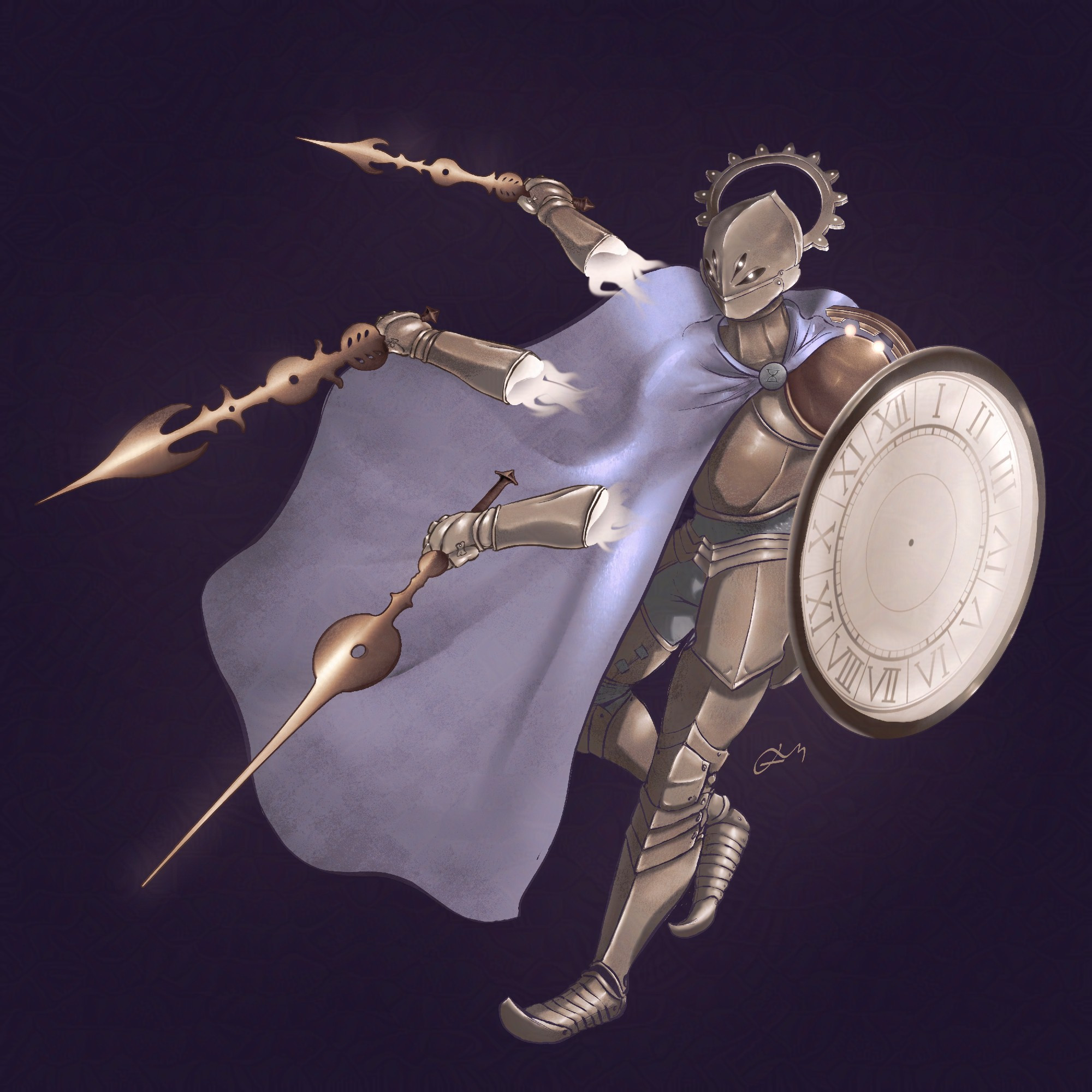 An armored individual with a lavender cape draped around their right side, with one arm holding a clock shield to the side, and three disembodied arms holding swords in the shape of clock hands in the other. Their helmet has 4 eye holes which are glowing, and a gear headpiece in the back.